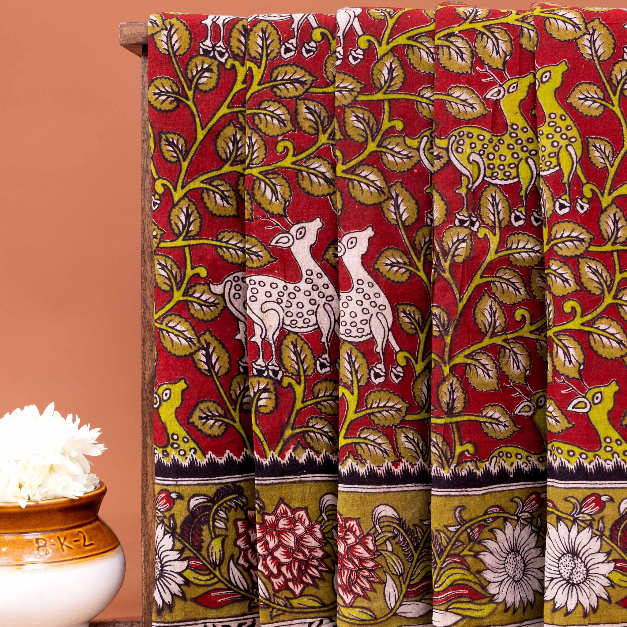 Handcrafted Kalamkari cotton saree With Tree of Life motif Print - Maroon