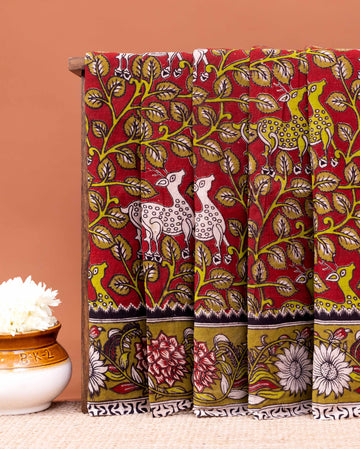 Handcrafted Kalamkari cotton saree With Tree of Life motif Print - Maroon