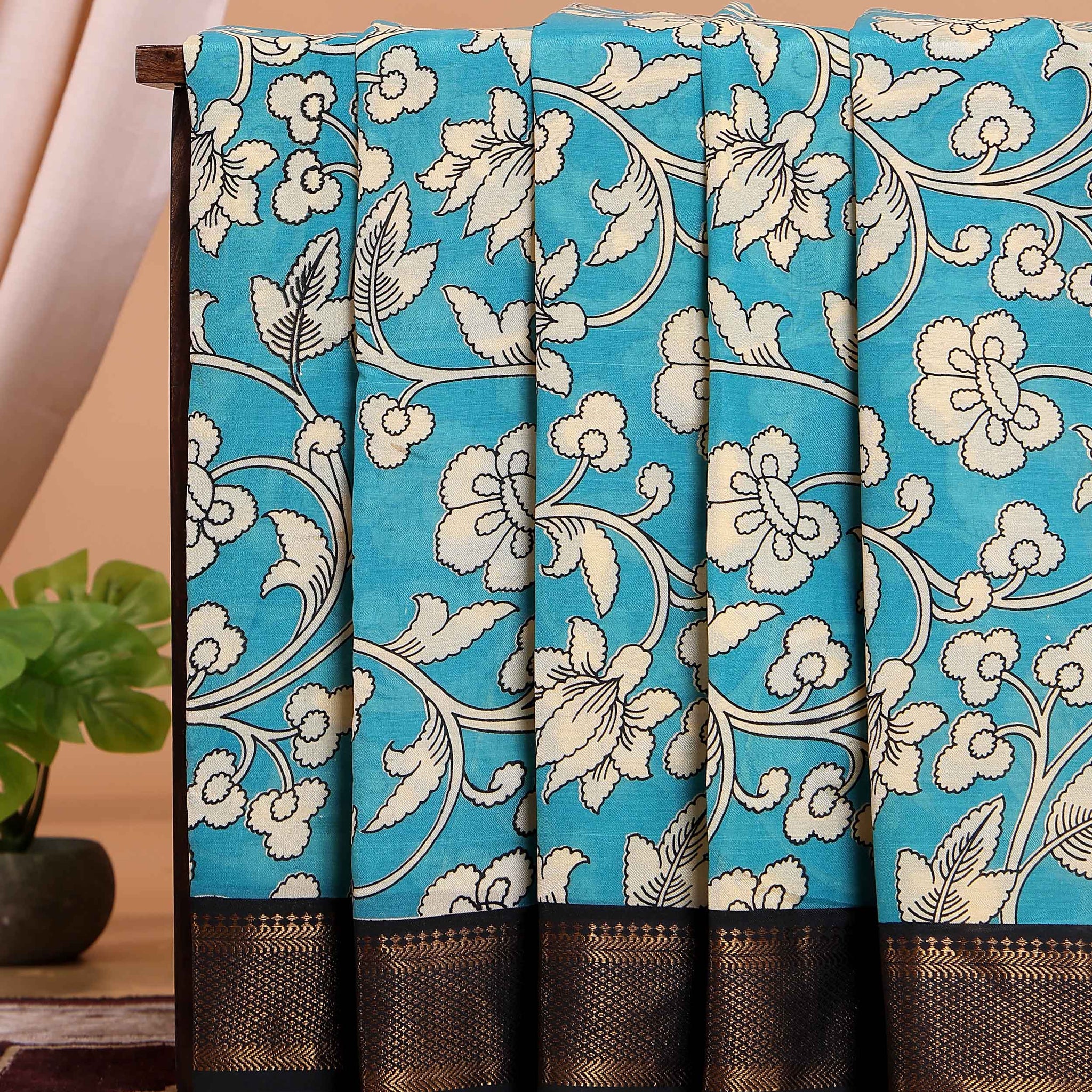 Handcrafted Mangalagiri Semi Chanderi Saree with Intricate Floral Print and a Contrasting Woven Zari Border - Blue