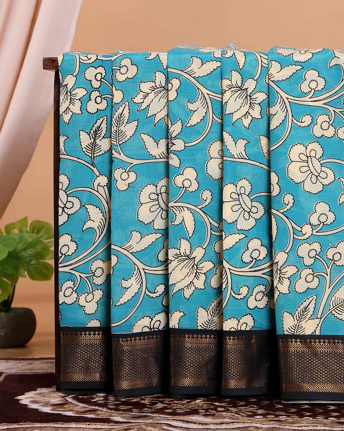 Handcrafted Mangalagiri Semi Chanderi Saree with Intricate Floral Print and a Contrasting Woven Zari Border - Blue