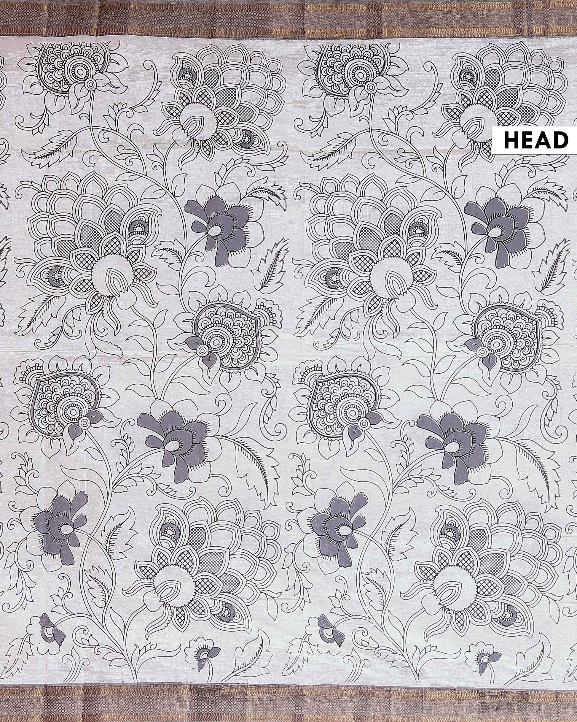 Handcrafted Mangalagiri Semi Chanderi Saree with Kalamkari-Inspired Floral Motifs and a Contrast Zari Border  - White