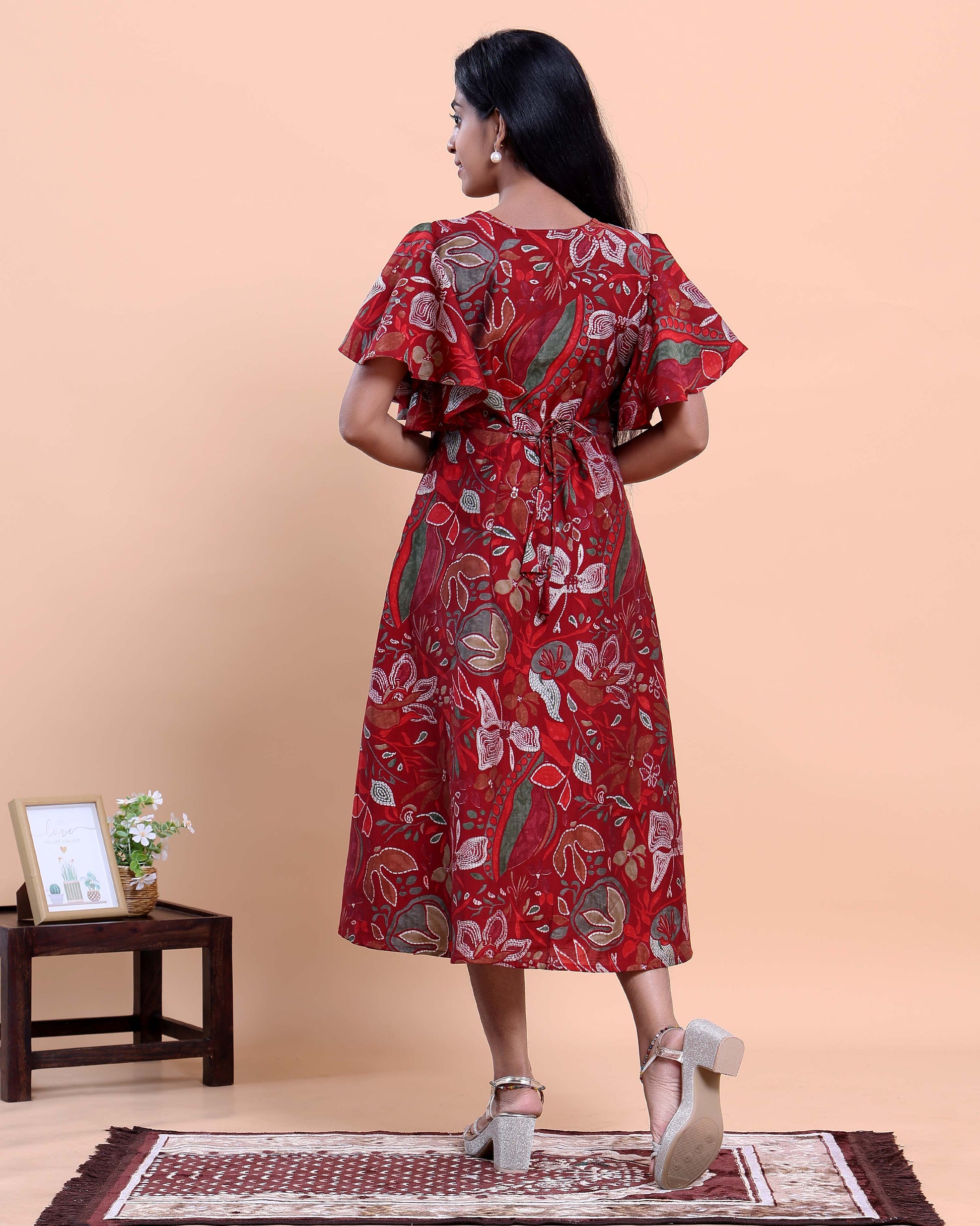 Handcrafted Motif Printed Kurta with Modern Silhouette and Cape Style Sleeves - Red