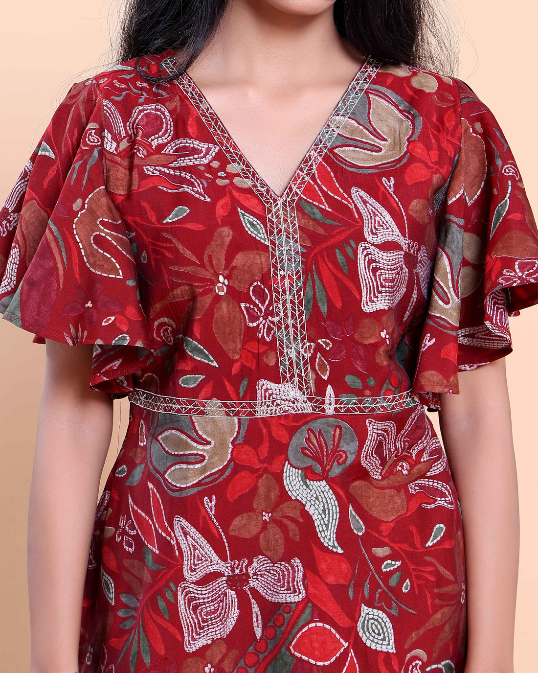 Handcrafted Motif Printed Kurta with Modern Silhouette and Cape Style Sleeves - Red