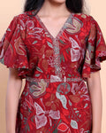 Handcrafted Motif Printed Kurta with Modern Silhouette and Cape Style Sleeves - Red