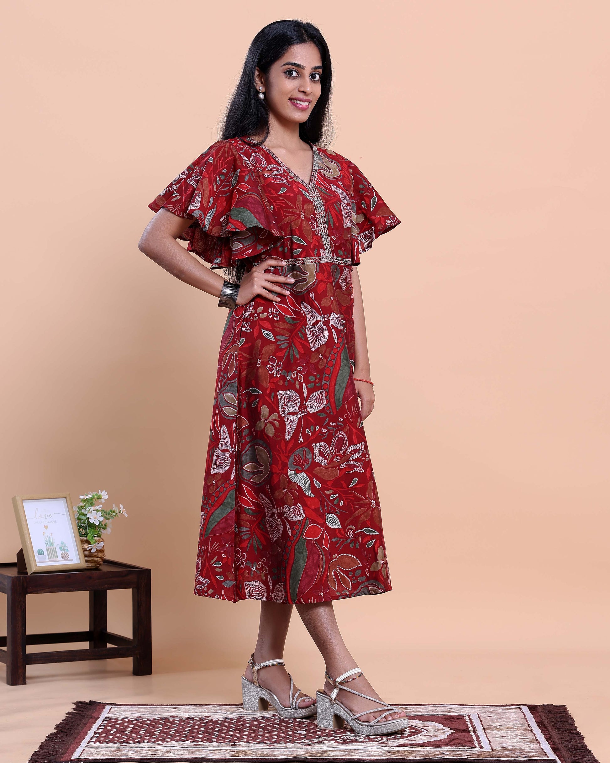 Handcrafted Motif Printed Kurta with Modern Silhouette and Cape Style Sleeves - Red