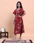 Handcrafted Motif Printed Kurta with Modern Silhouette and Cape Style Sleeves - Red