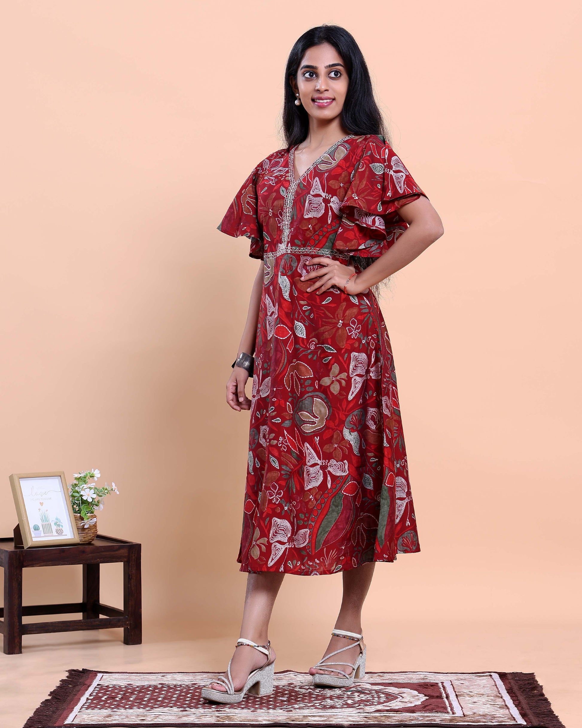 Handcrafted Motif Printed Kurta with Modern Silhouette and Cape Style Sleeves - Red