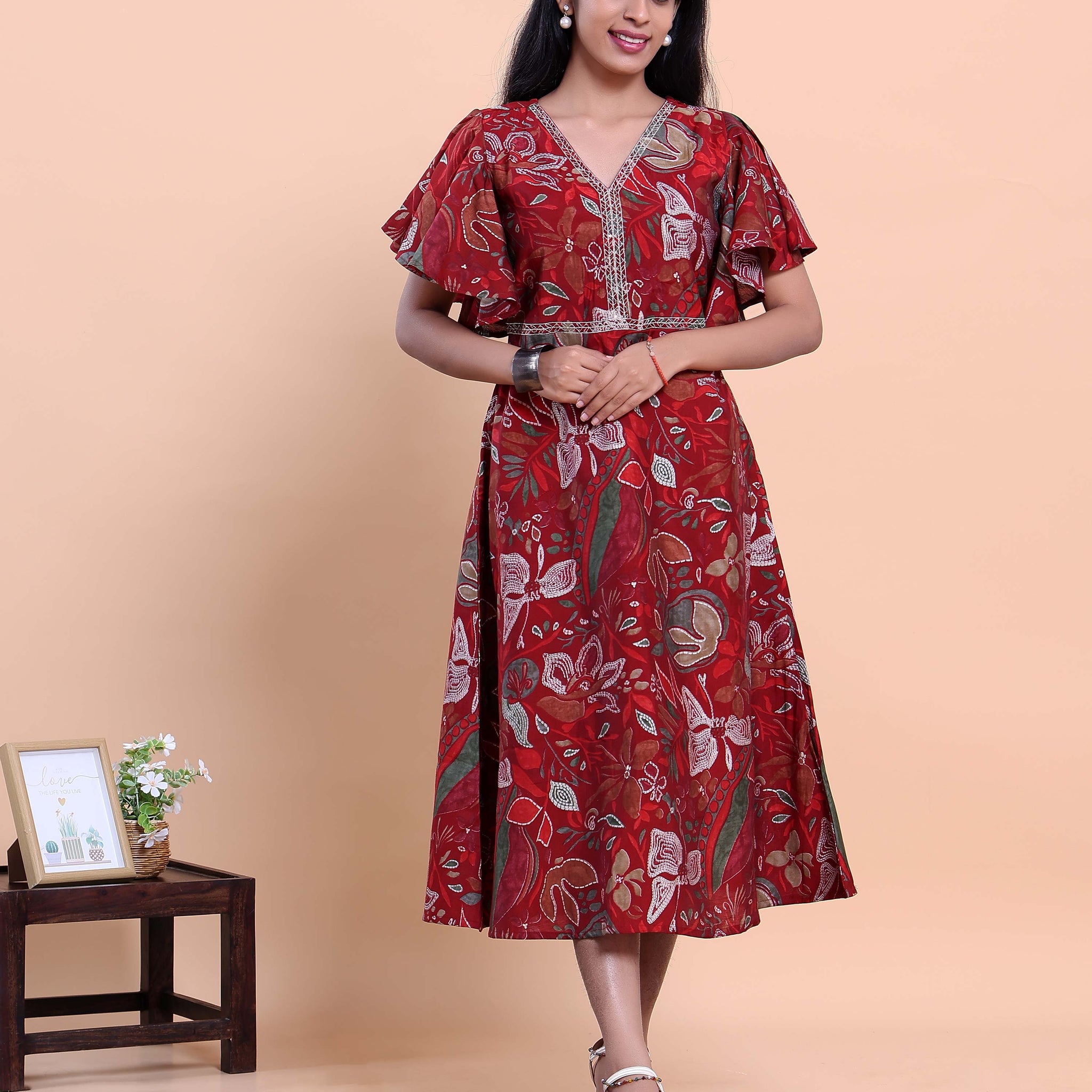Handcrafted Motif Printed Kurta with Modern Silhouette and Cape Style Sleeves - Red