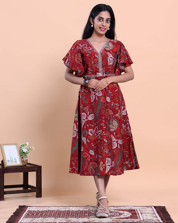 Handcrafted Motif Printed Kurta with Modern Silhouette and Cape Style Sleeves - Red