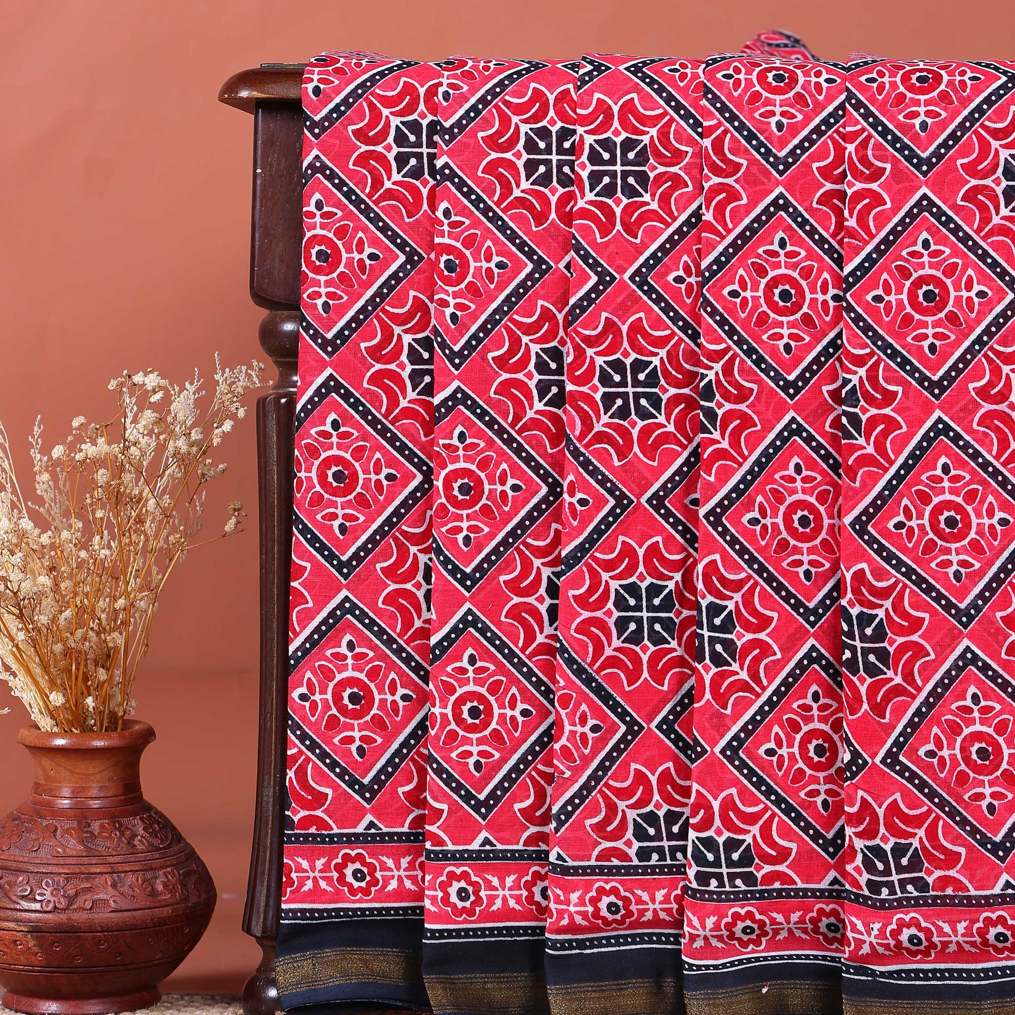Handcrafted Mul Mul Cotton Saree with Traditional Ajrakh-Inspired Motifs - Red