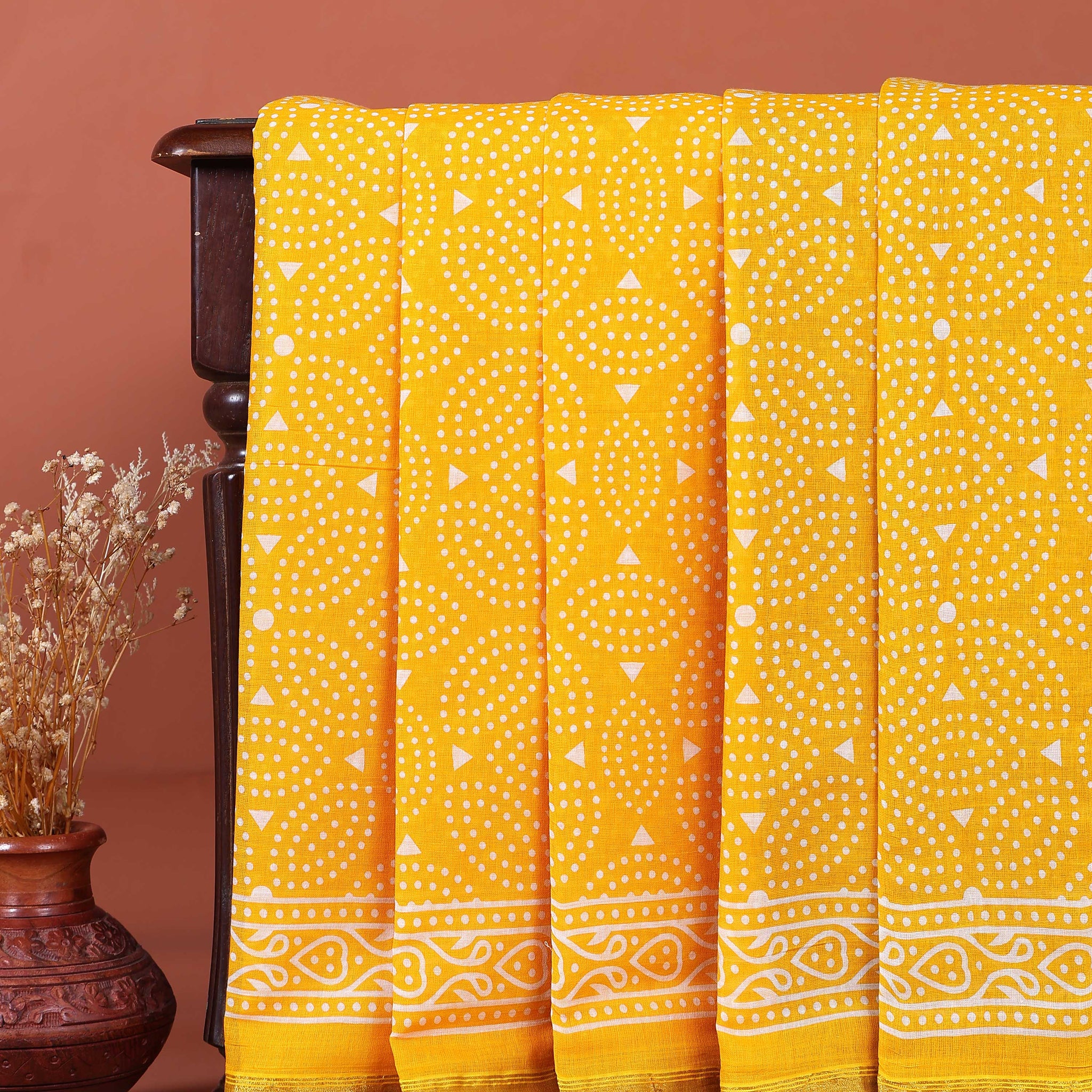 Handcrafted Mul Mul Cotton Saree with Traditional Bandhani and Block Print Border - Yellow