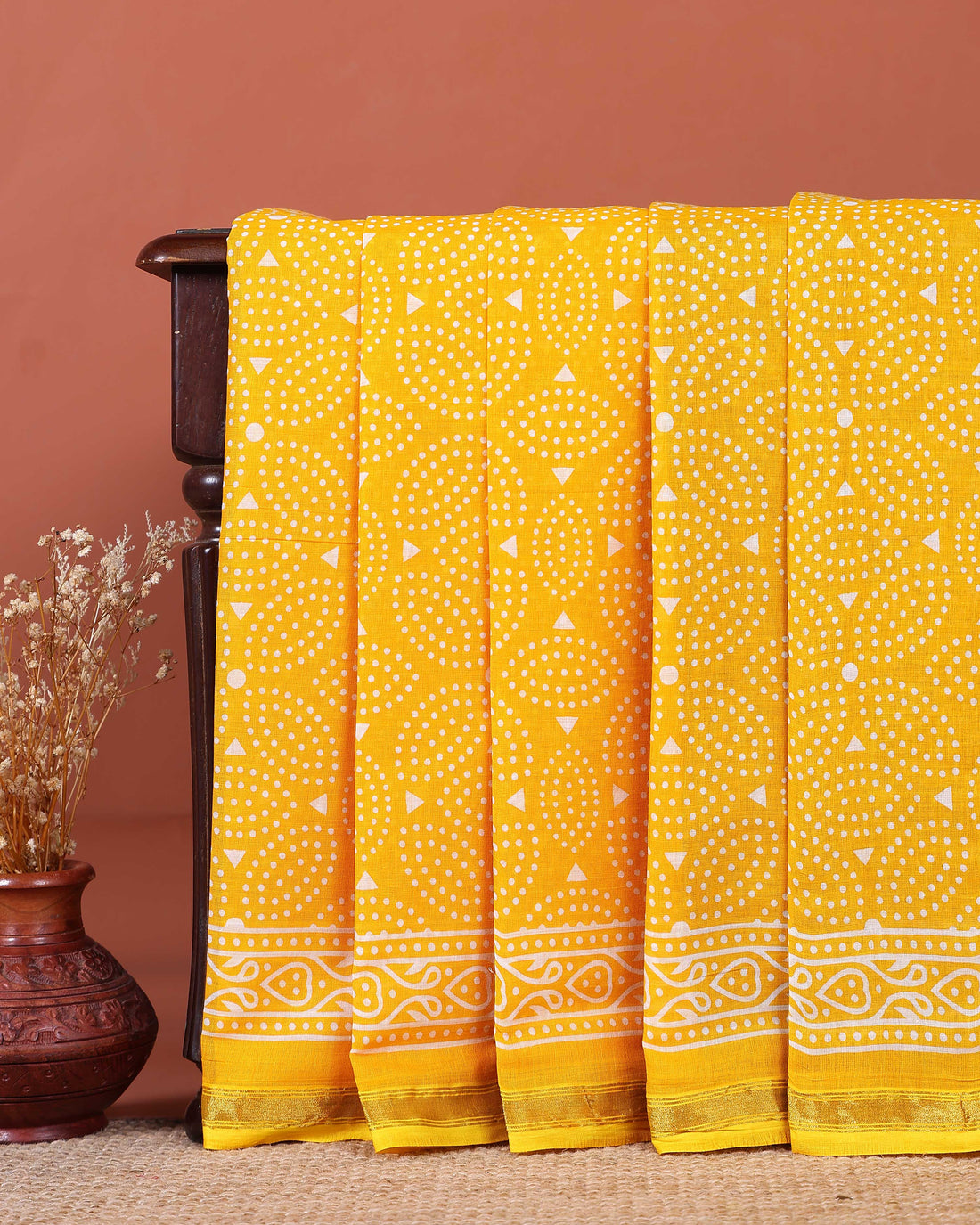 Handcrafted Mul Mul Cotton Saree with Traditional Bandhani and Block Print Border - Yellow