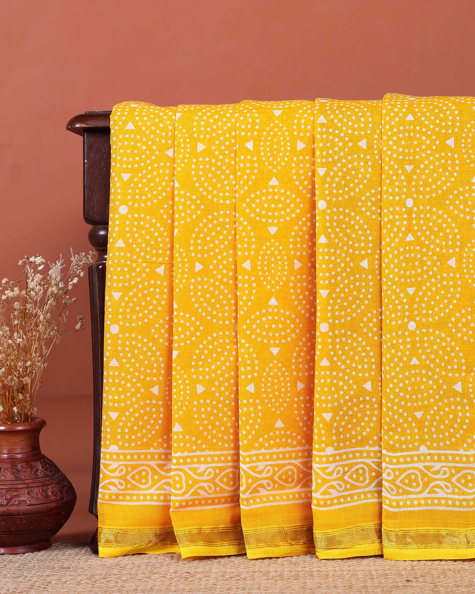 Handcrafted Mul Mul Cotton Saree with Traditional Bandhani and Block Print Border - Yellow