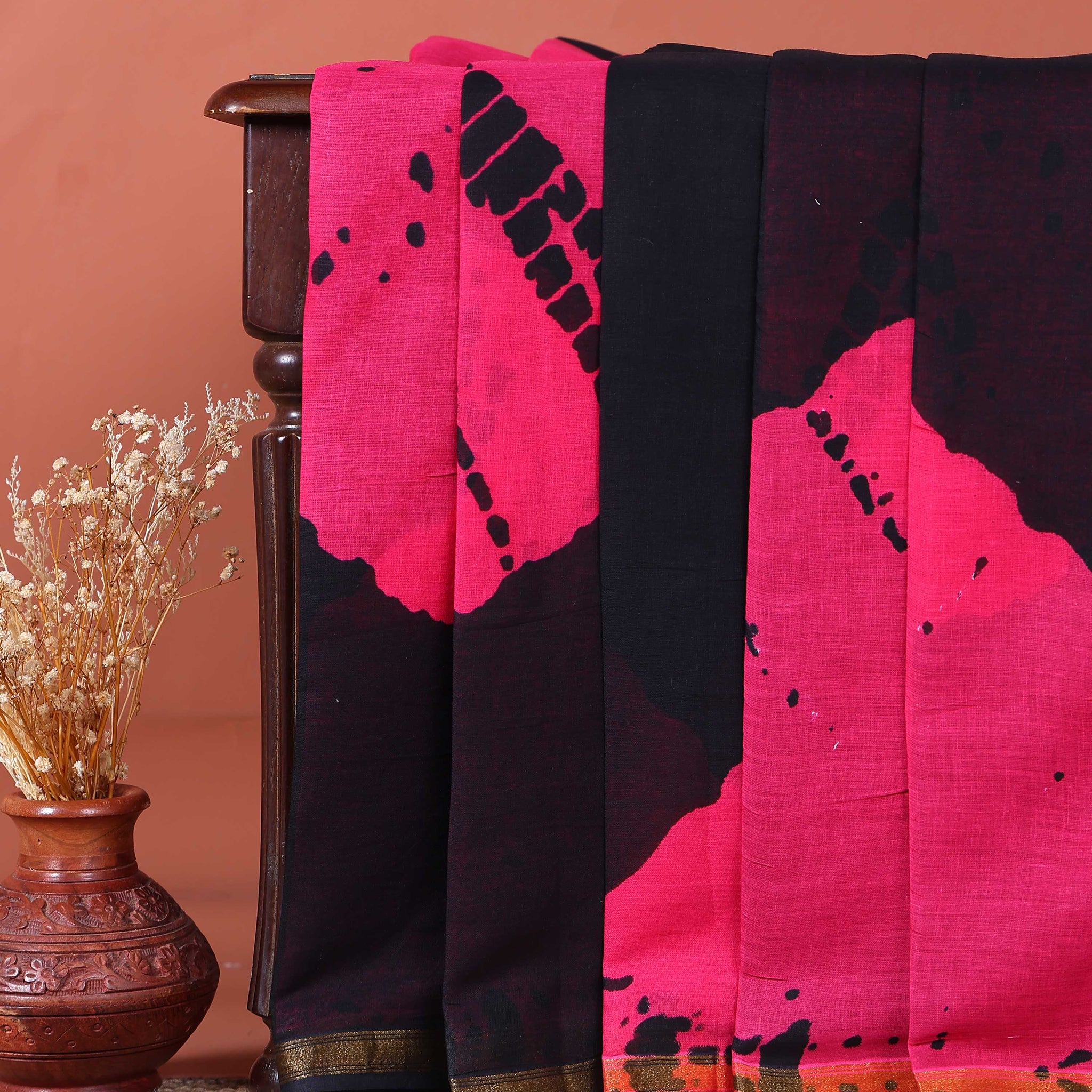 Handcrafted Mulmul Cotton Saree with Tie-Dye Inspired Splatter Print - Black