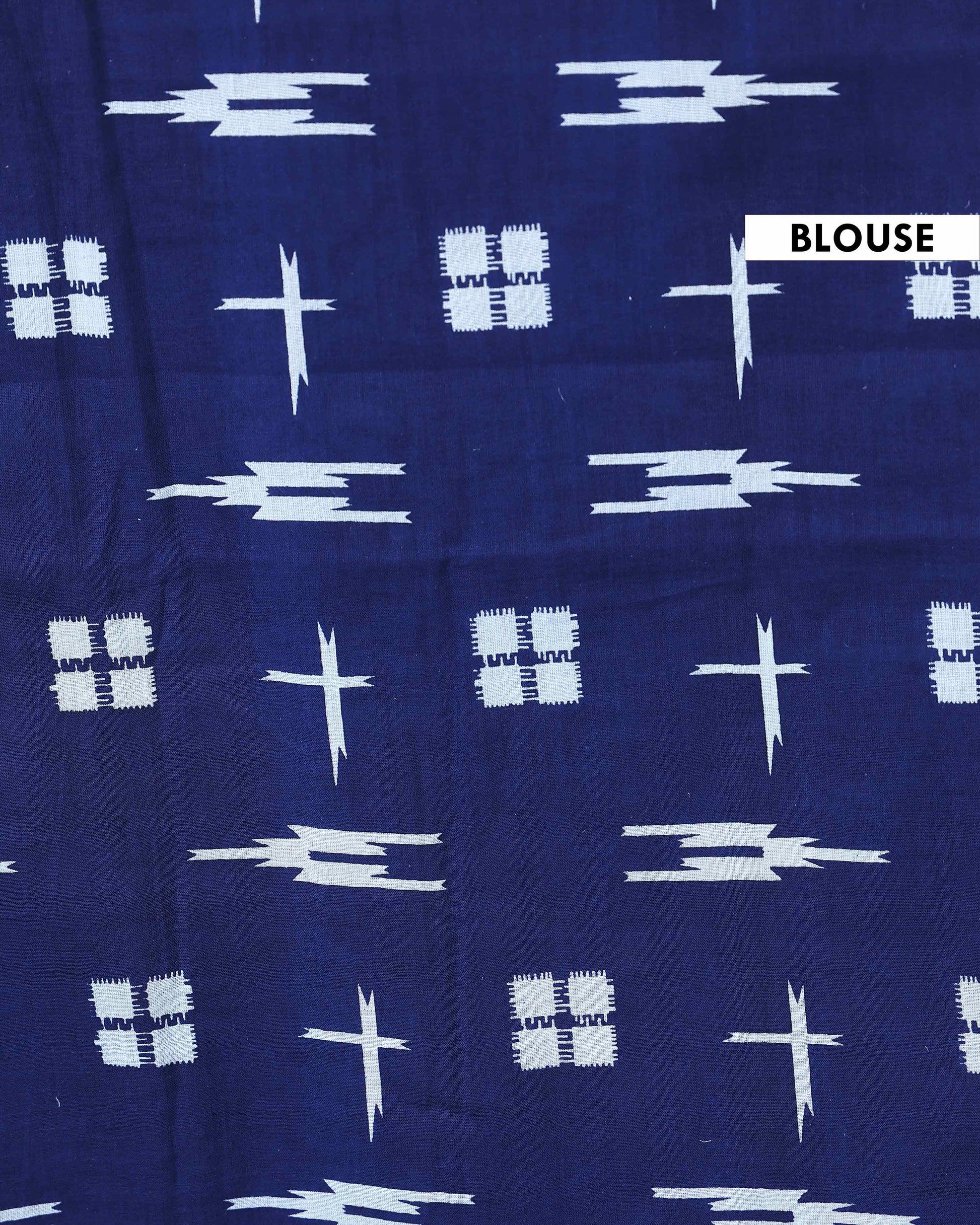 Handcrafted Mulmul Cotton Saree with Traditional Floral and Geometric Block Prints - Blue-Blouse
