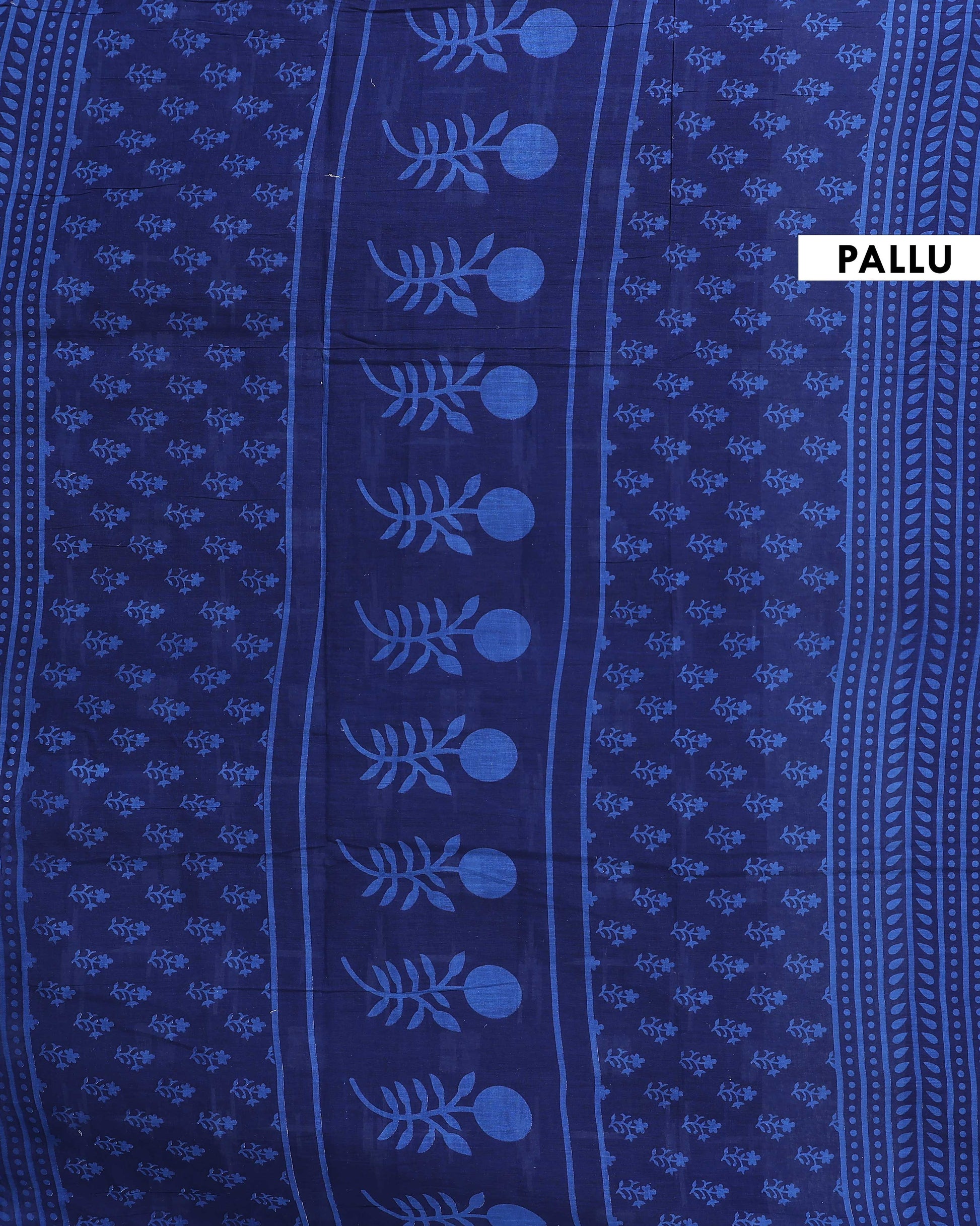 Handcrafted Mulmul Cotton Saree with Traditional Floral and Geometric Block Prints - Blue-Pallu