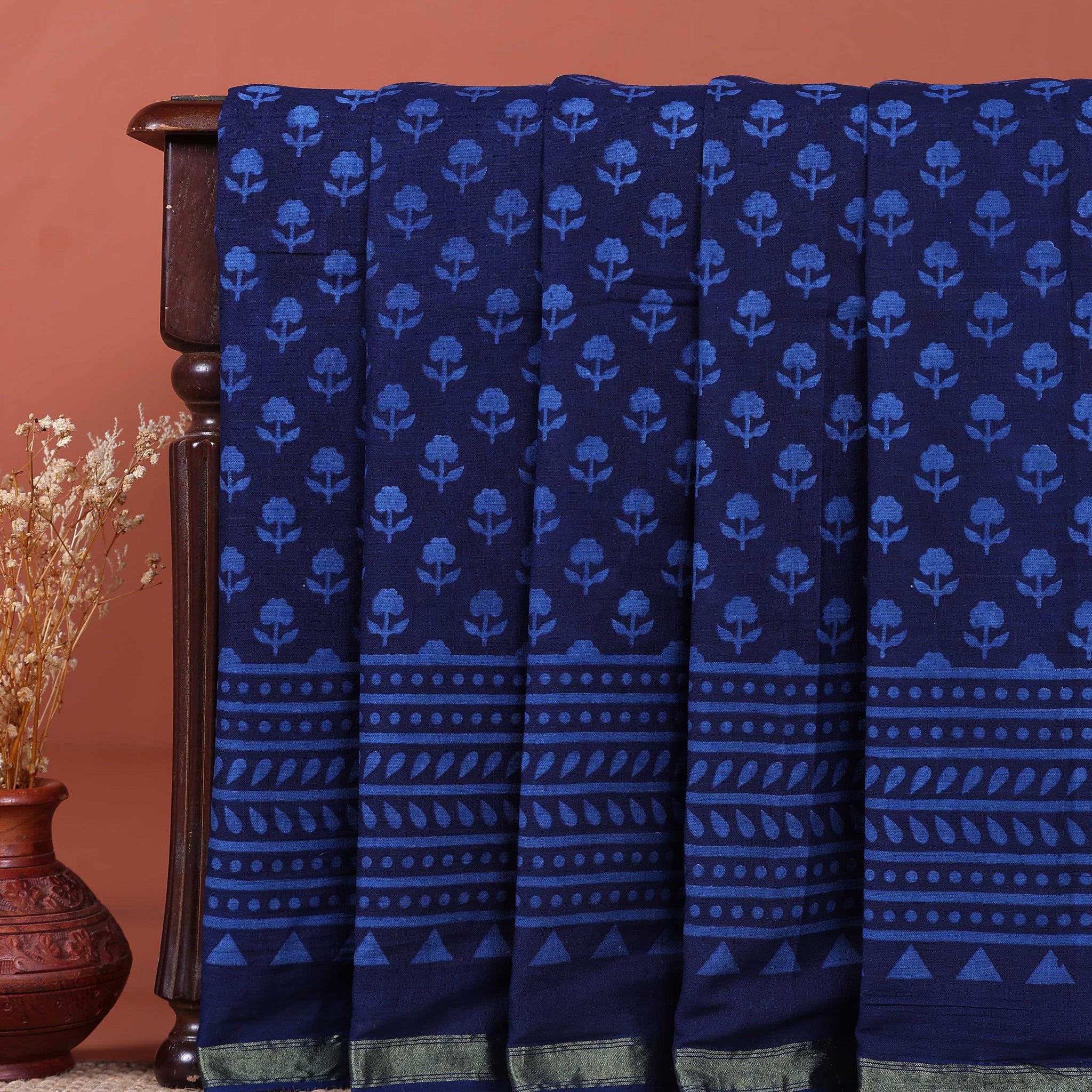 Handcrafted Mulmul Cotton Saree with Traditional Floral and Geometric Block Prints - Blue