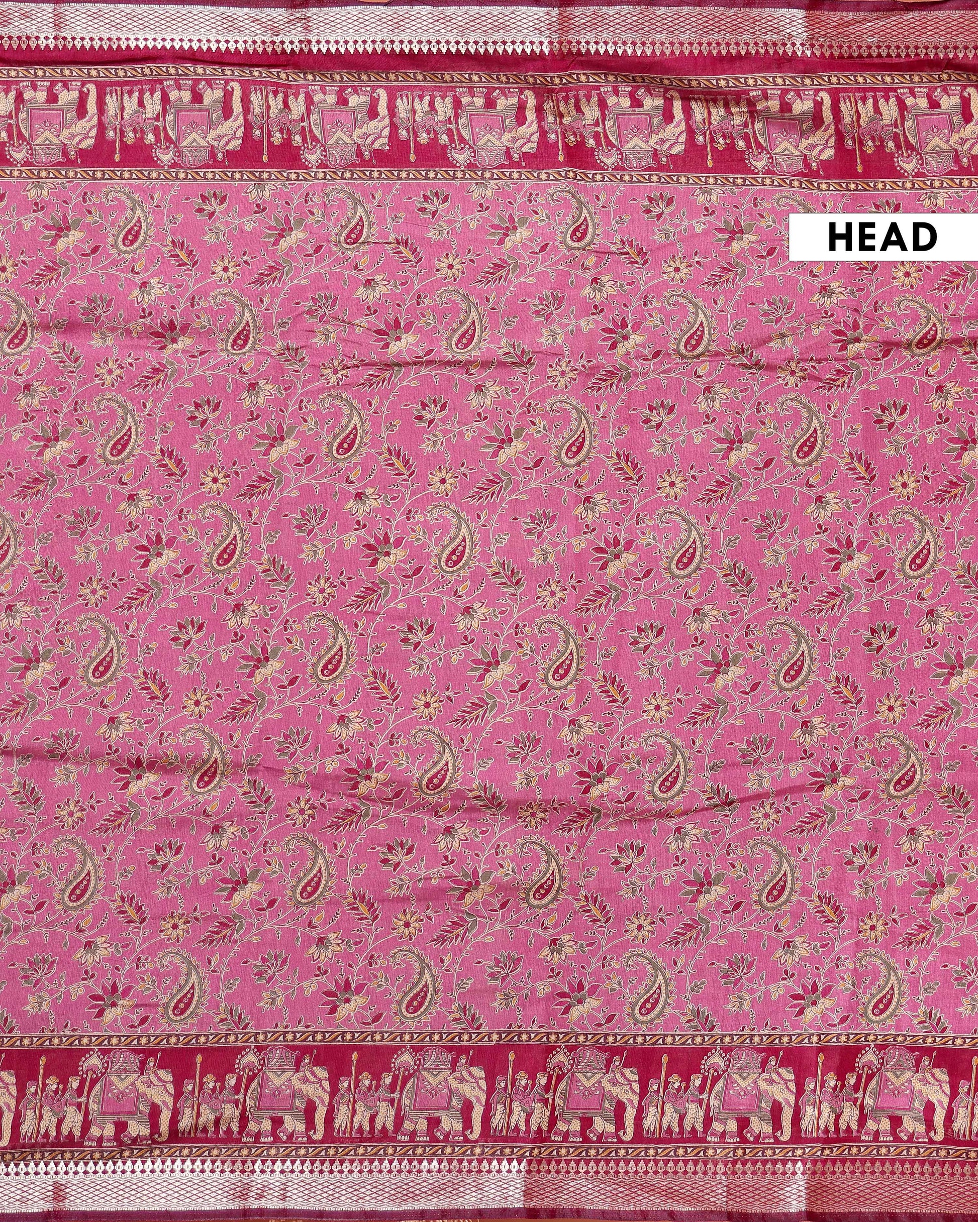 Handcrafted Semi Chanderi Saree Featuring Floral Butta Pattern and Elephant Motif Pallu - Pink