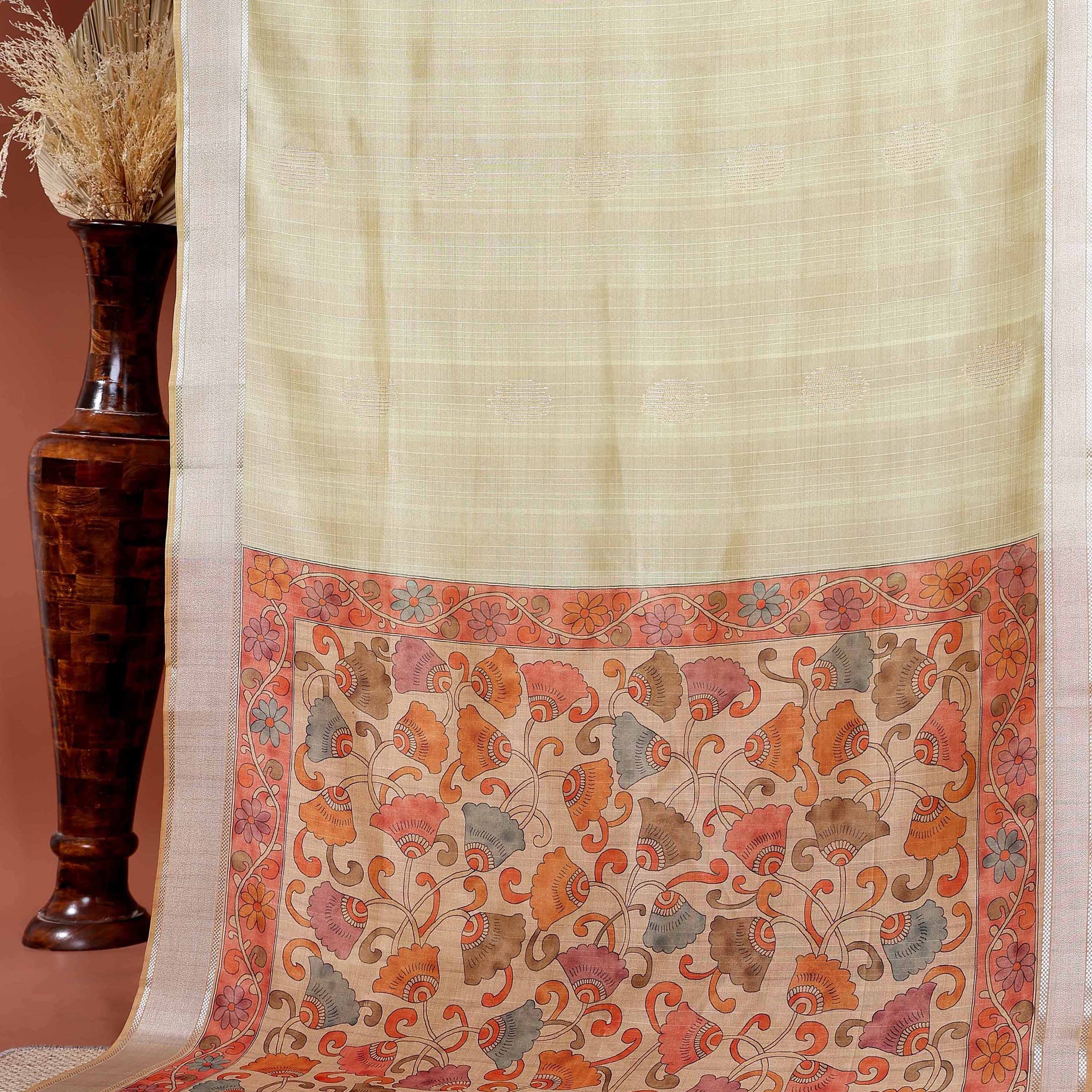 Handcrafted Semi Chanderi Saree with Floral Kalamkari Inspired Pallu & Elegant Woven Border - Beige