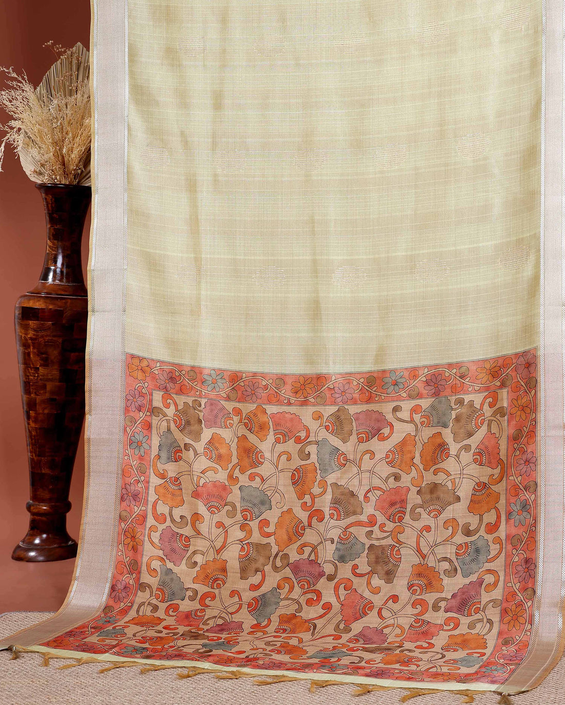 Handcrafted Semi Chanderi Saree with Floral Kalamkari Inspired Pallu & Elegant Woven Border - Beige