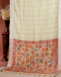 Handcrafted Semi Chanderi Saree with Floral Kalamkari Inspired Pallu & Elegant Woven Border - Beige