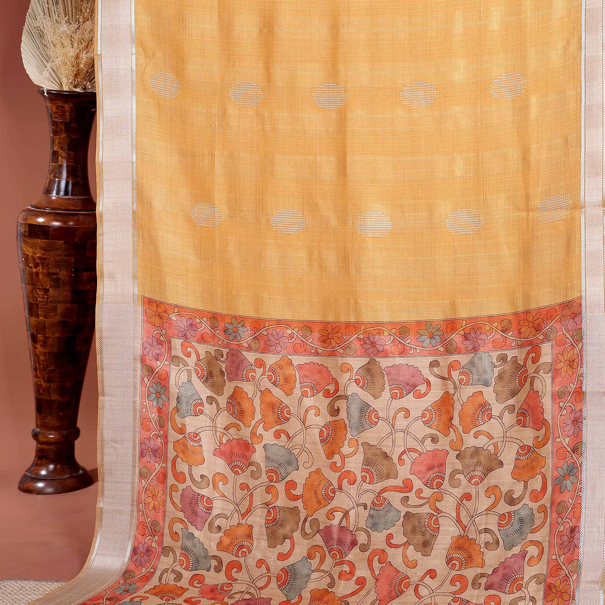 Handcrafted Semi Chanderi Saree with Floral Kalamkari Inspired Pallu & Elegant Woven Border - Orange