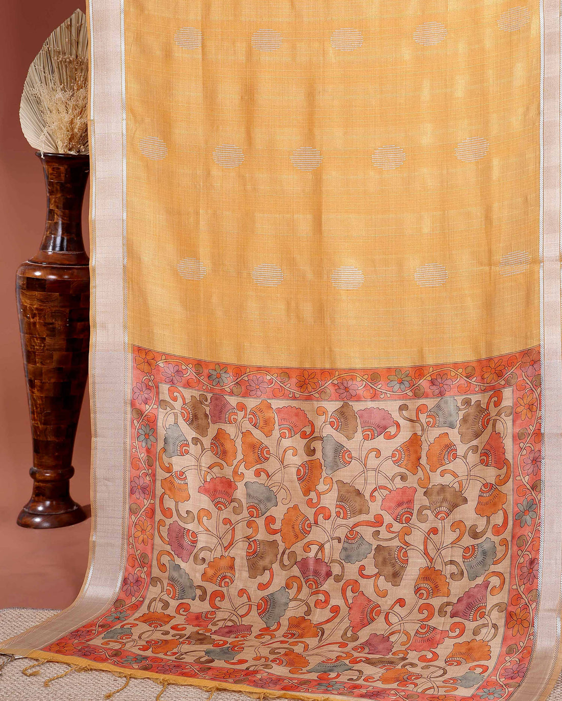 Handcrafted Semi Chanderi Saree with Floral Kalamkari Inspired Pallu & Elegant Woven Border - Orange