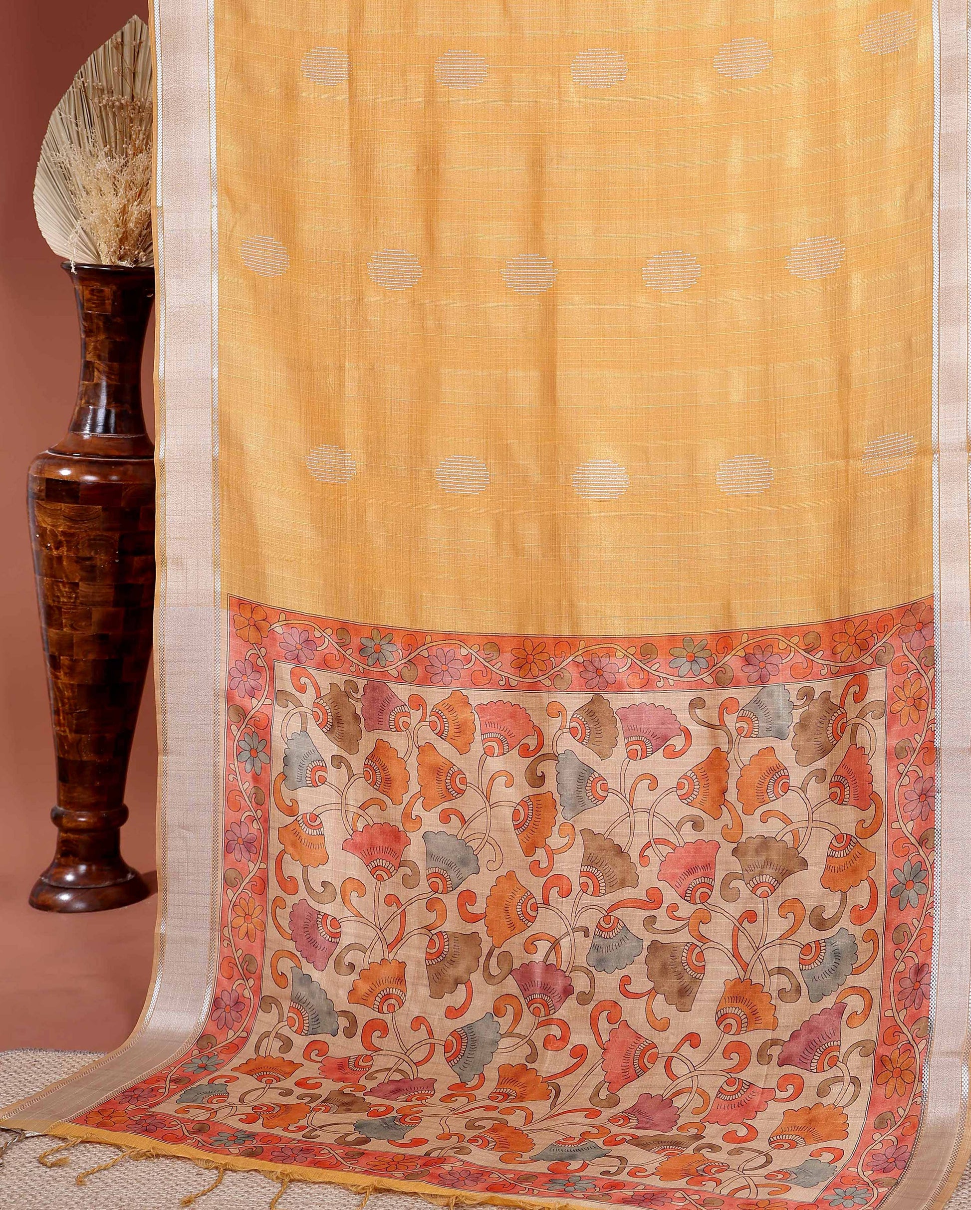 Handcrafted Semi Chanderi Saree with Floral Kalamkari Inspired Pallu & Elegant Woven Border - Orange