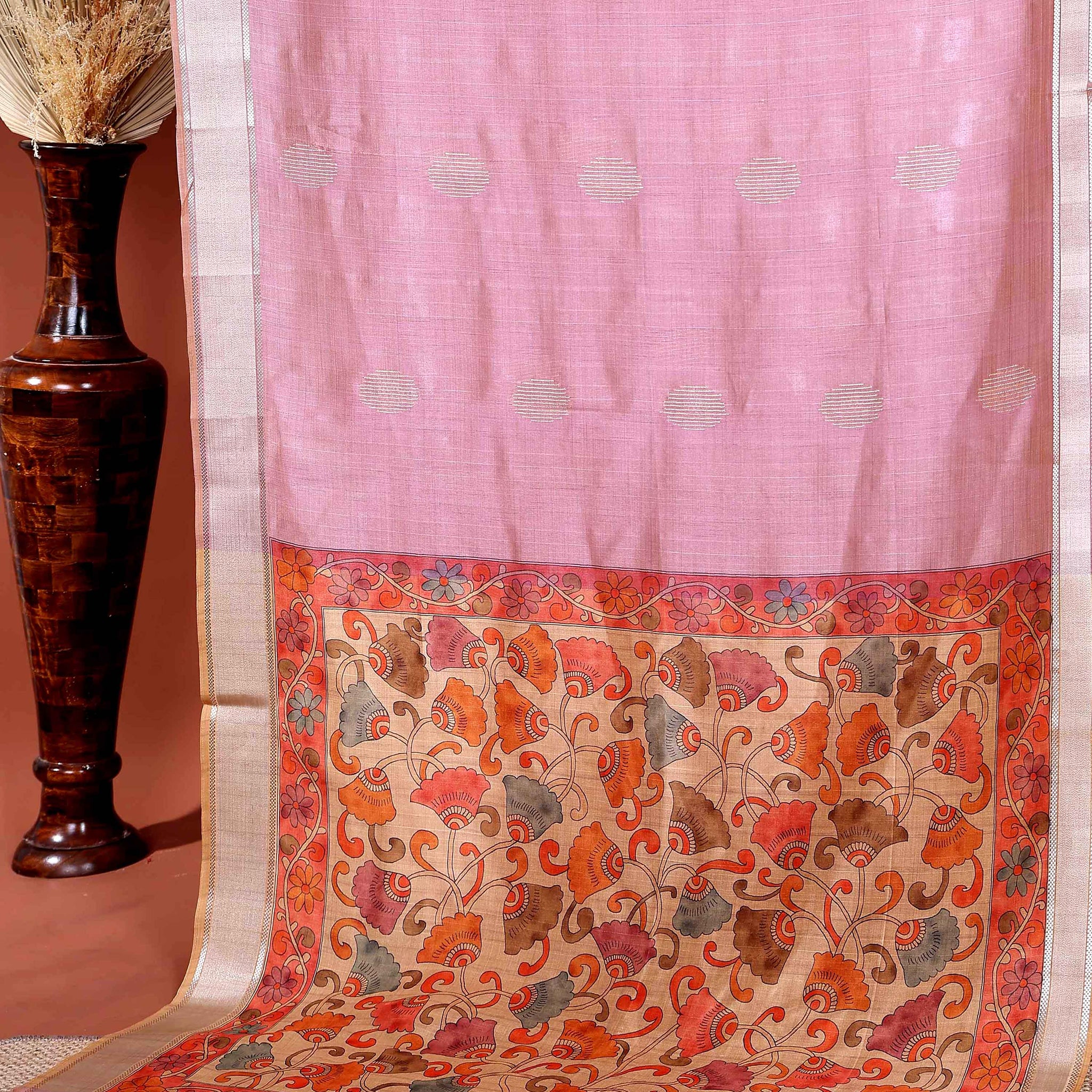 Handcrafted Semi Chanderi Saree with Floral Kalamkari Inspired Pallu & Elegant Woven Border - Pink