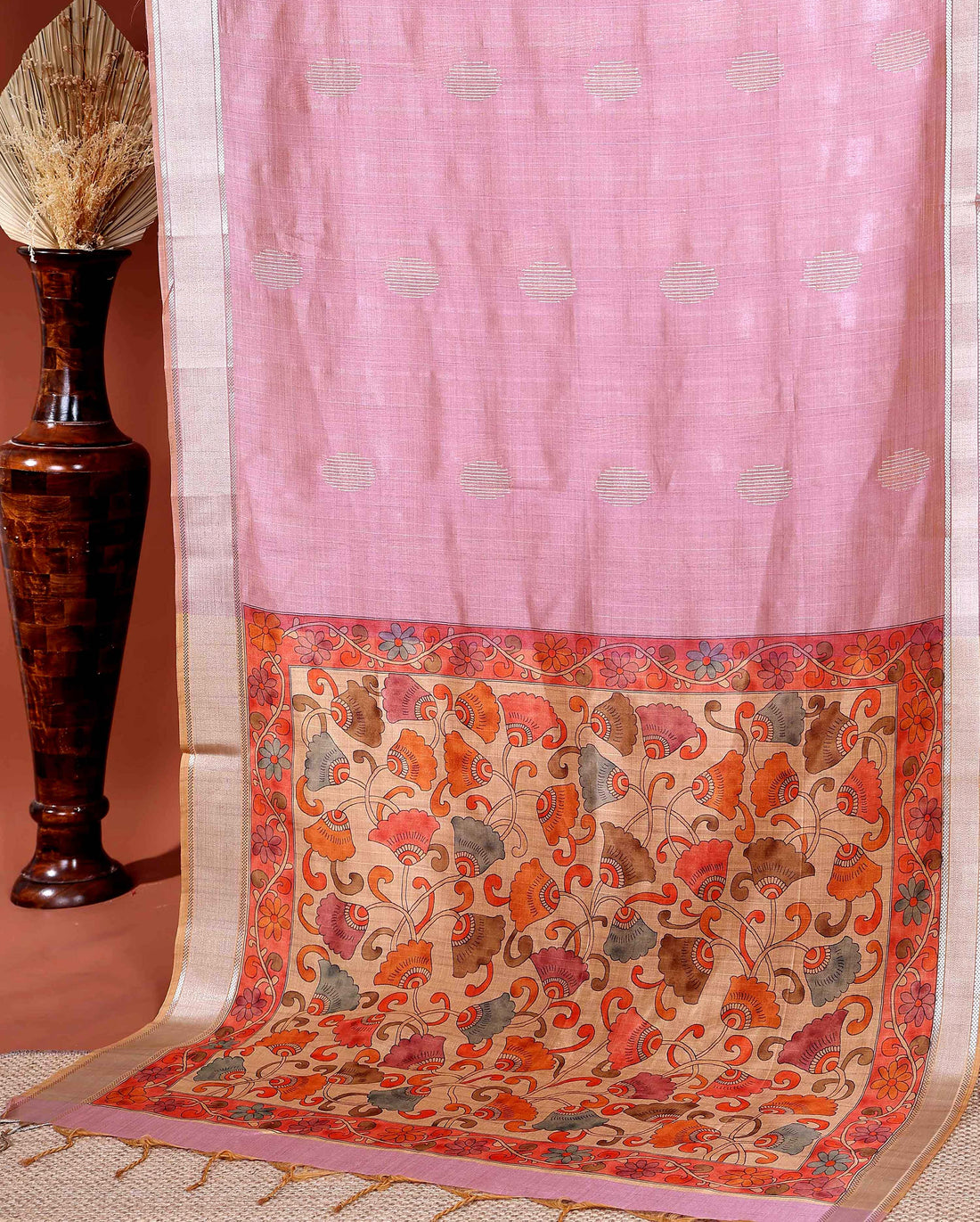 Handcrafted Semi Chanderi Saree with Floral Kalamkari Inspired Pallu & Elegant Woven Border - Pink