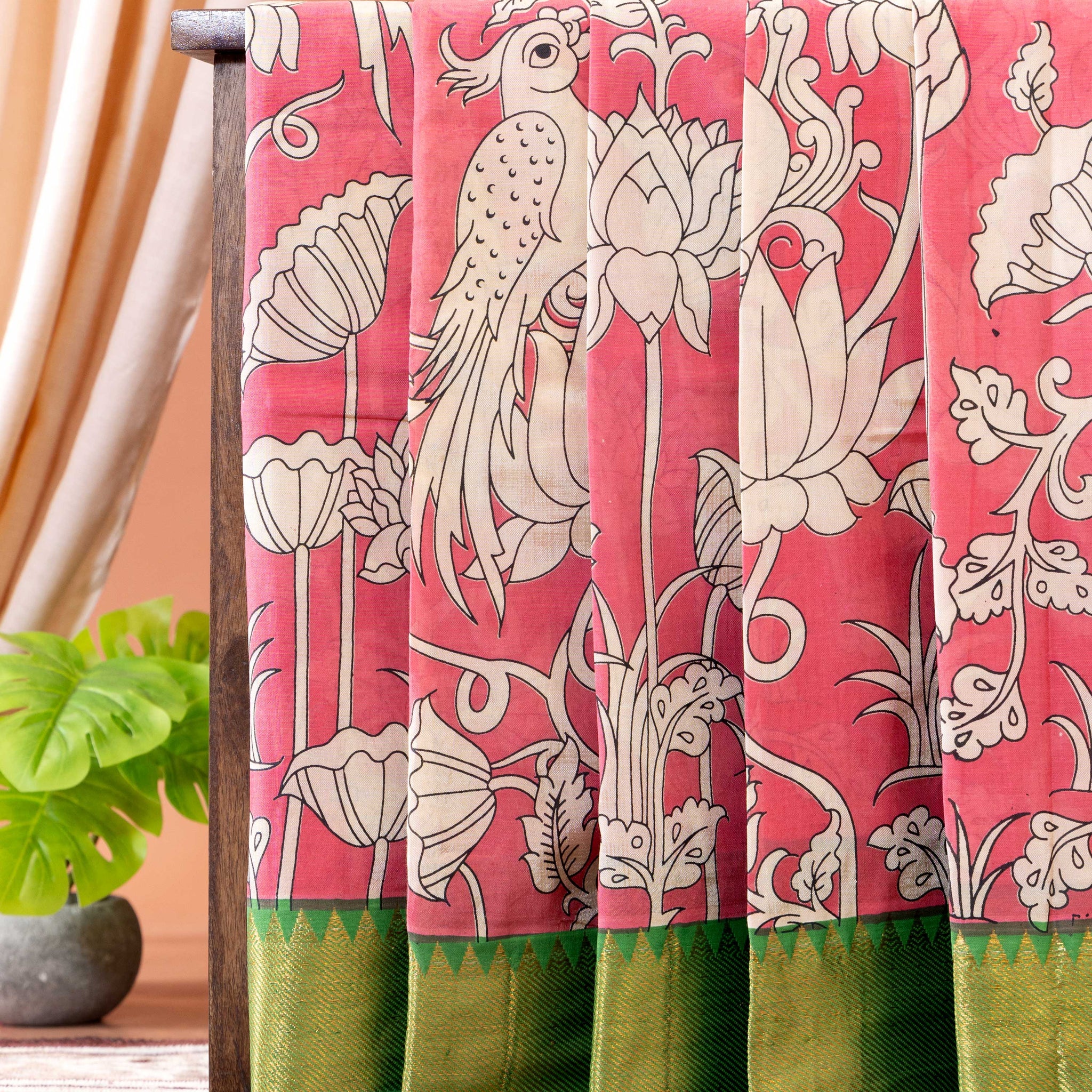 Handcrafted Semi Chanderi Saree with Kalamkari Inspired Floral and Peacock Motifs - Peach