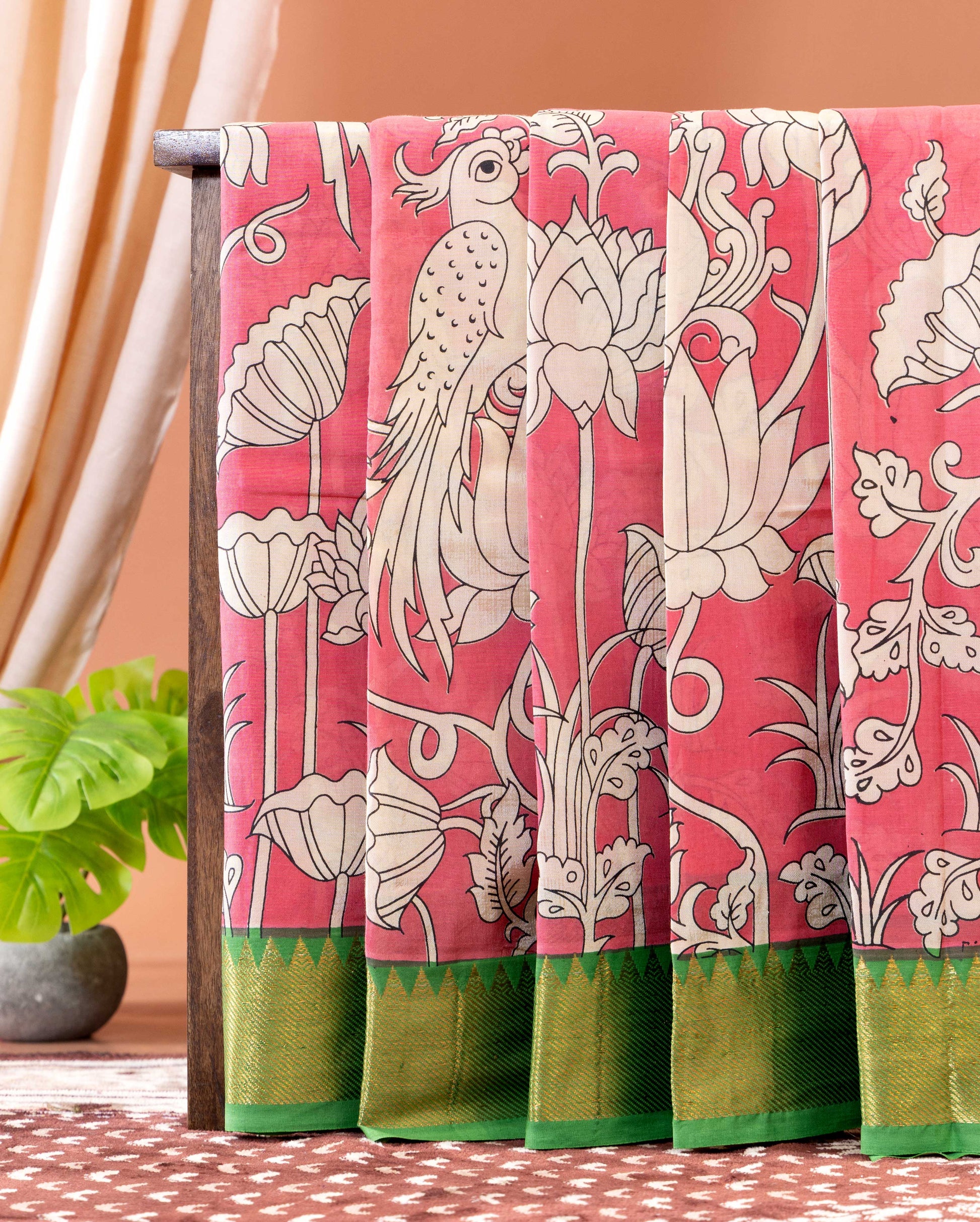 Handcrafted Semi Chanderi Saree with Kalamkari Inspired Floral and Peacock Motifs - Peach