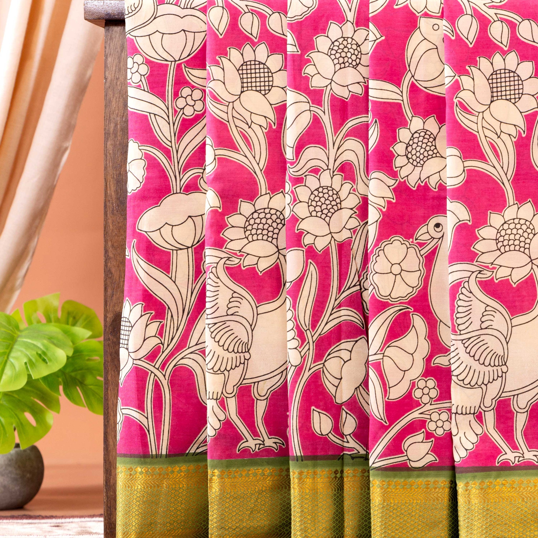 Handcrafted Semi Chanderi Saree with Kalamkari Inspired Floral and Peacock Motifs - Pink