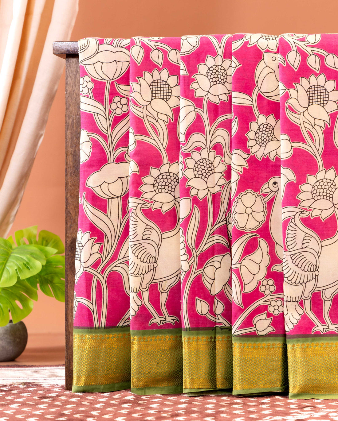 Handcrafted Semi Chanderi Saree with Kalamkari Inspired Floral and Peacock Motifs - Pink