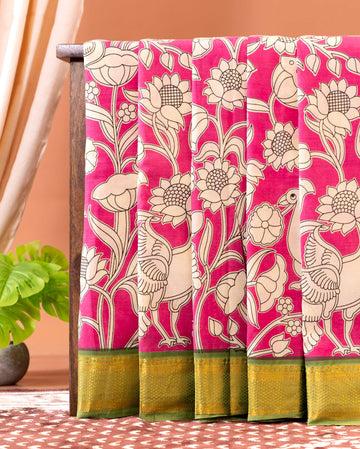 Handcrafted Semi Chanderi Saree with Kalamkari Inspired Floral and Peacock Motifs - Pink