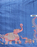 Handcrafted Semi Tussar Silk Saree with Hand-Painted Elephant and Floral Motifs - Blue