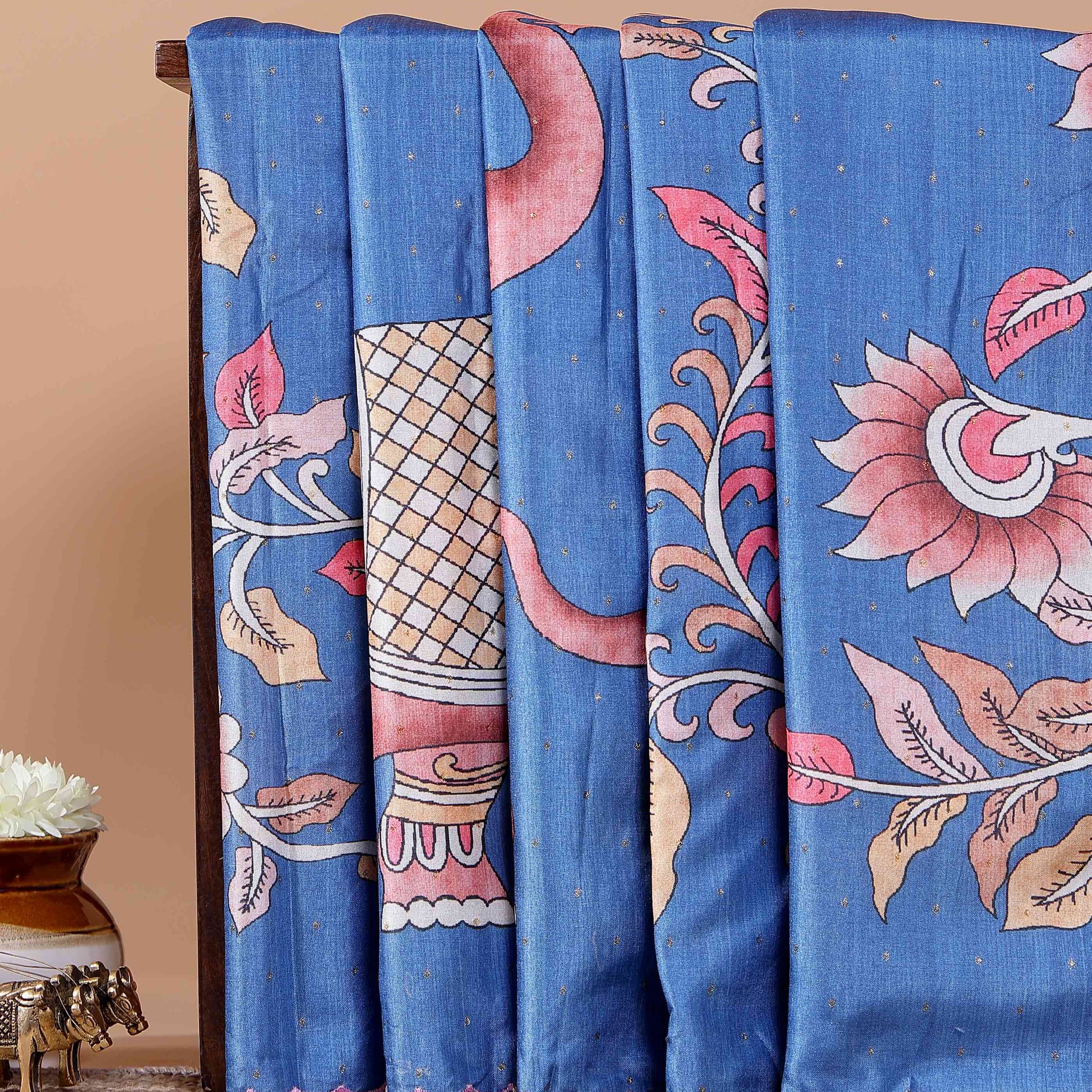 Handcrafted Semi Tussar Silk Saree with Hand-Painted Elephant and Floral Motifs - Blue