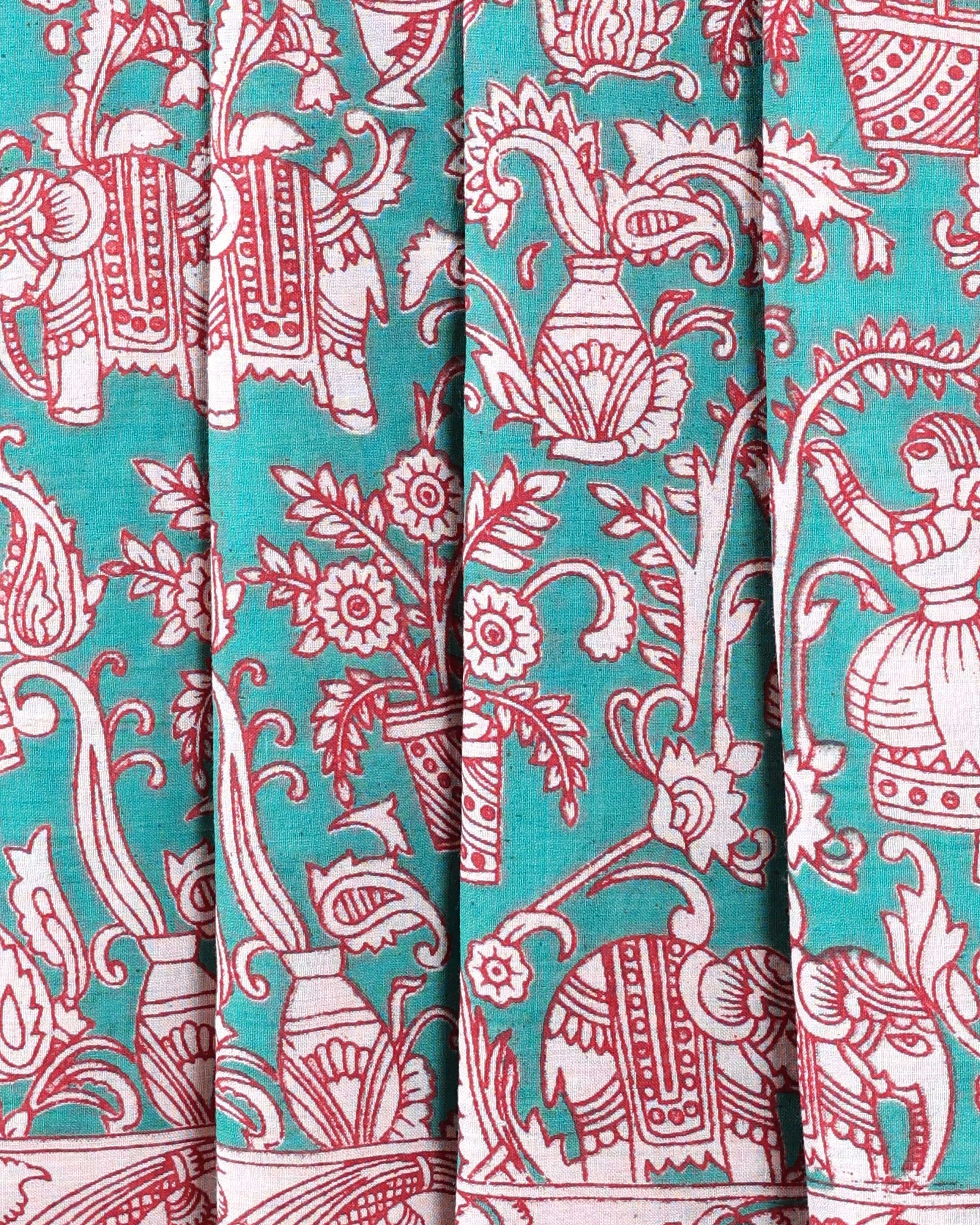 Handcrafted Traditional Kalamkari Cotton Saree with Traditional Motifs -Close