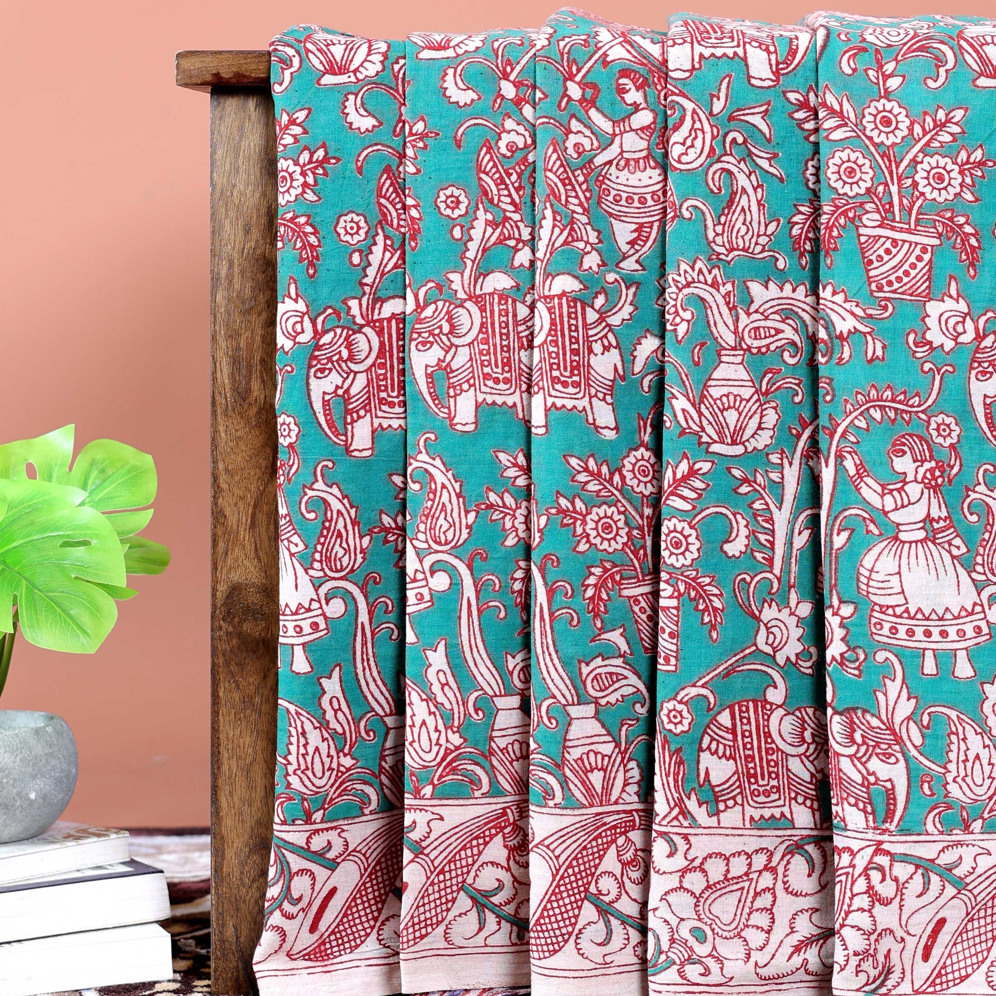 Handcrafted Traditional Kalamkari Cotton Saree with Traditional Motifs -Green