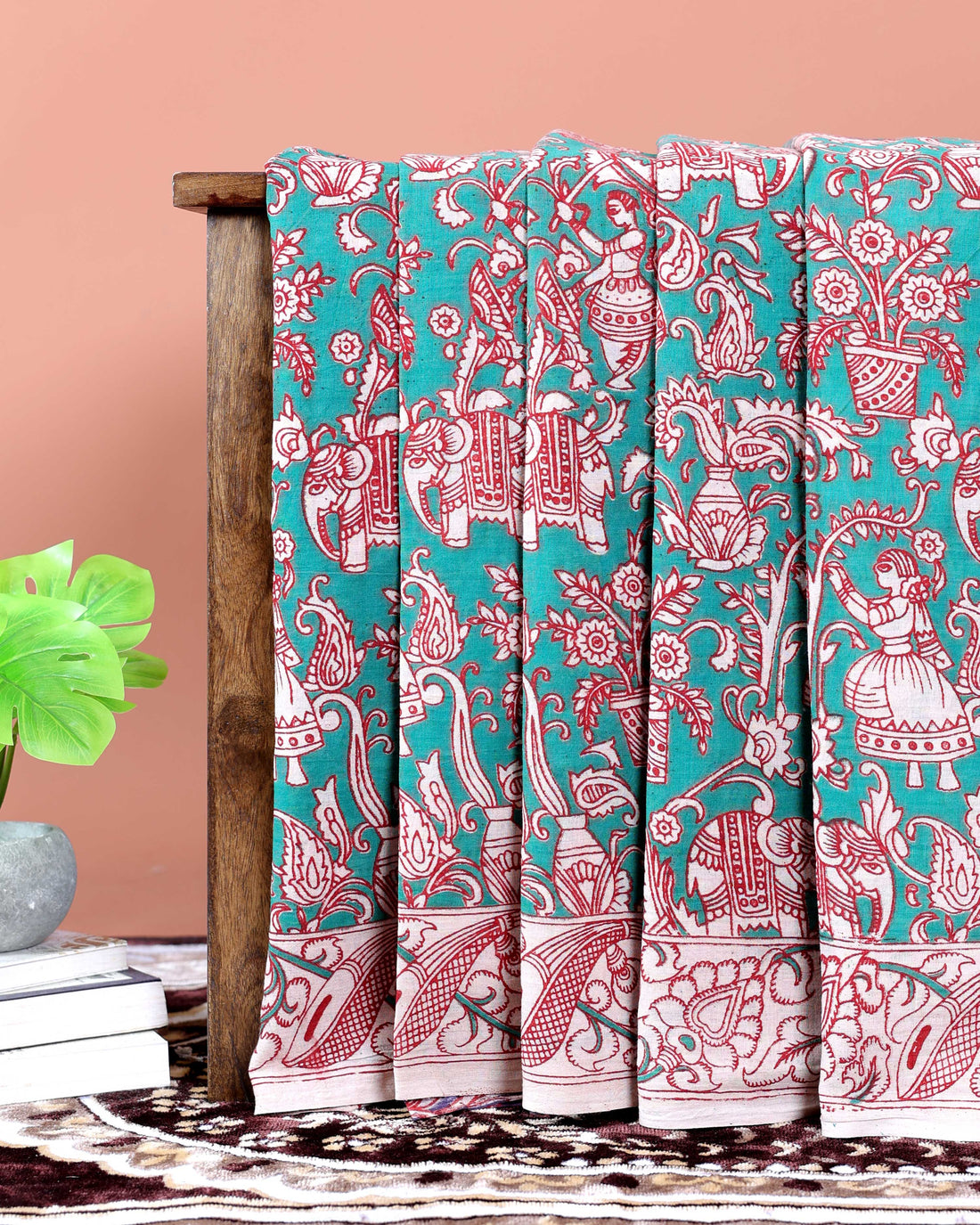 Handcrafted Traditional Kalamkari Cotton Saree with Traditional Motifs -Green
