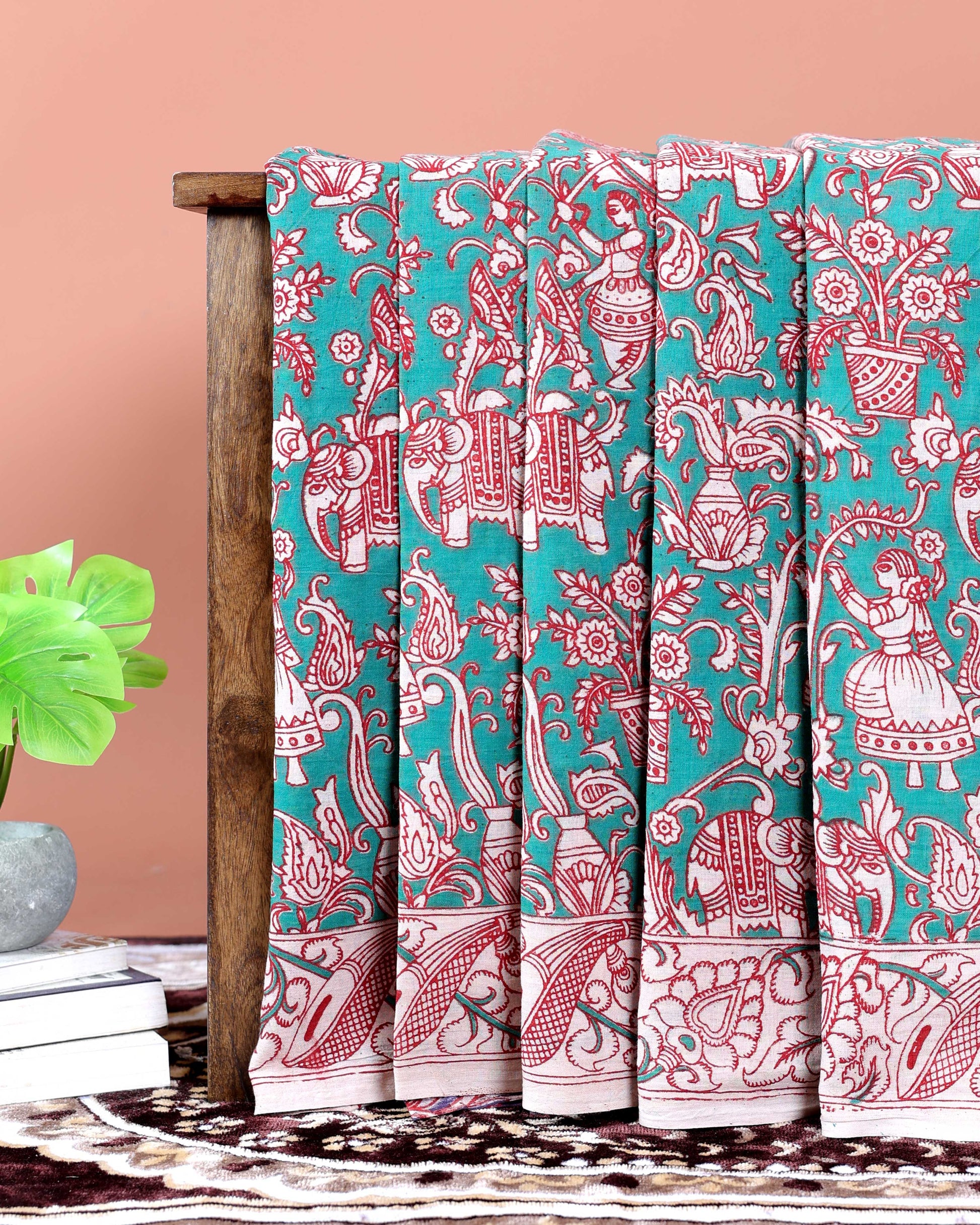 Handcrafted Traditional Kalamkari Cotton Saree with Traditional Motifs -Green