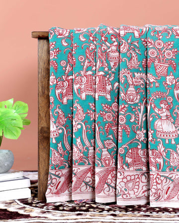 Handcrafted Traditional Kalamkari Cotton Saree with Traditional Motifs -Green