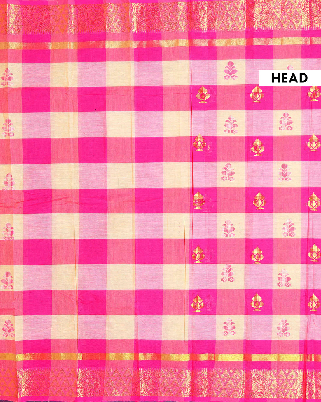 Handloom Chettinad Cotton Saree with Traditional Checks and Gold Zari Border - Pink