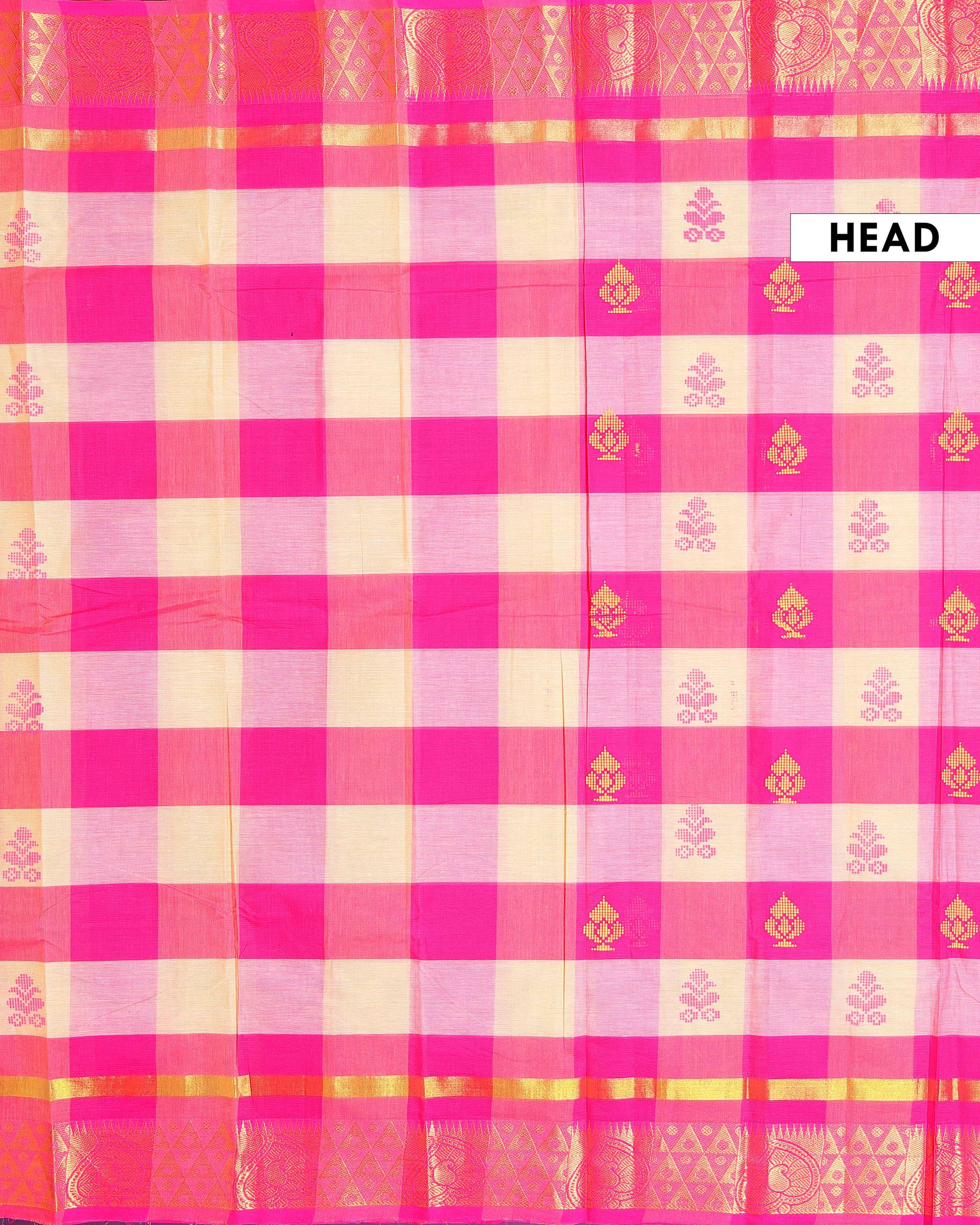 Handloom Chettinad Cotton Saree with Traditional Checks and Gold Zari Border - Pink-Head
