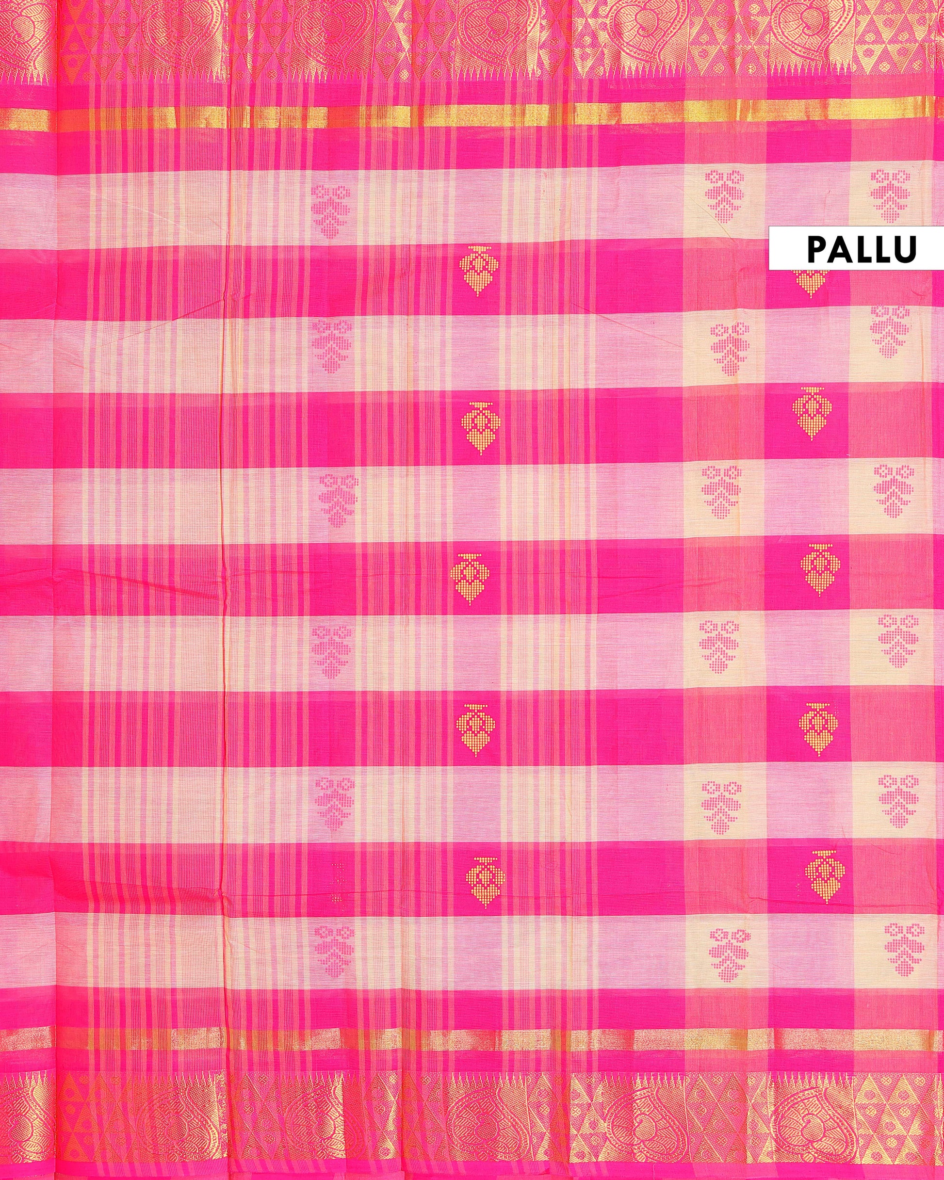 Handloom Chettinad Cotton Saree with Traditional Checks and Gold Zari Border - Pink-Pallu