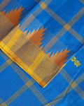 Handloom Chettinad Cotton Saree with Traditional Checks and Temple Border - Blue-Close