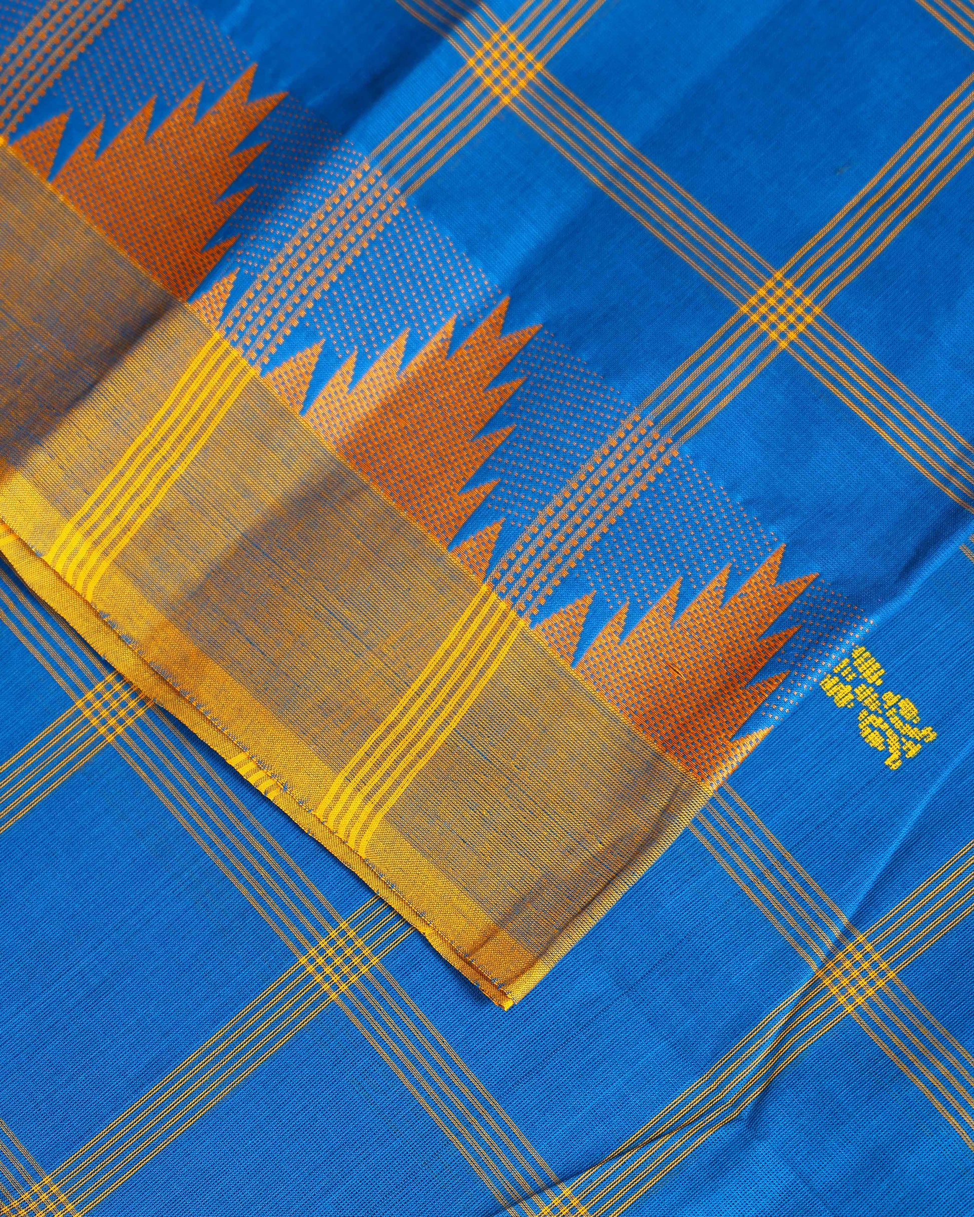 Handloom Chettinad Cotton Saree with Traditional Checks and Temple Border - Blue-Close