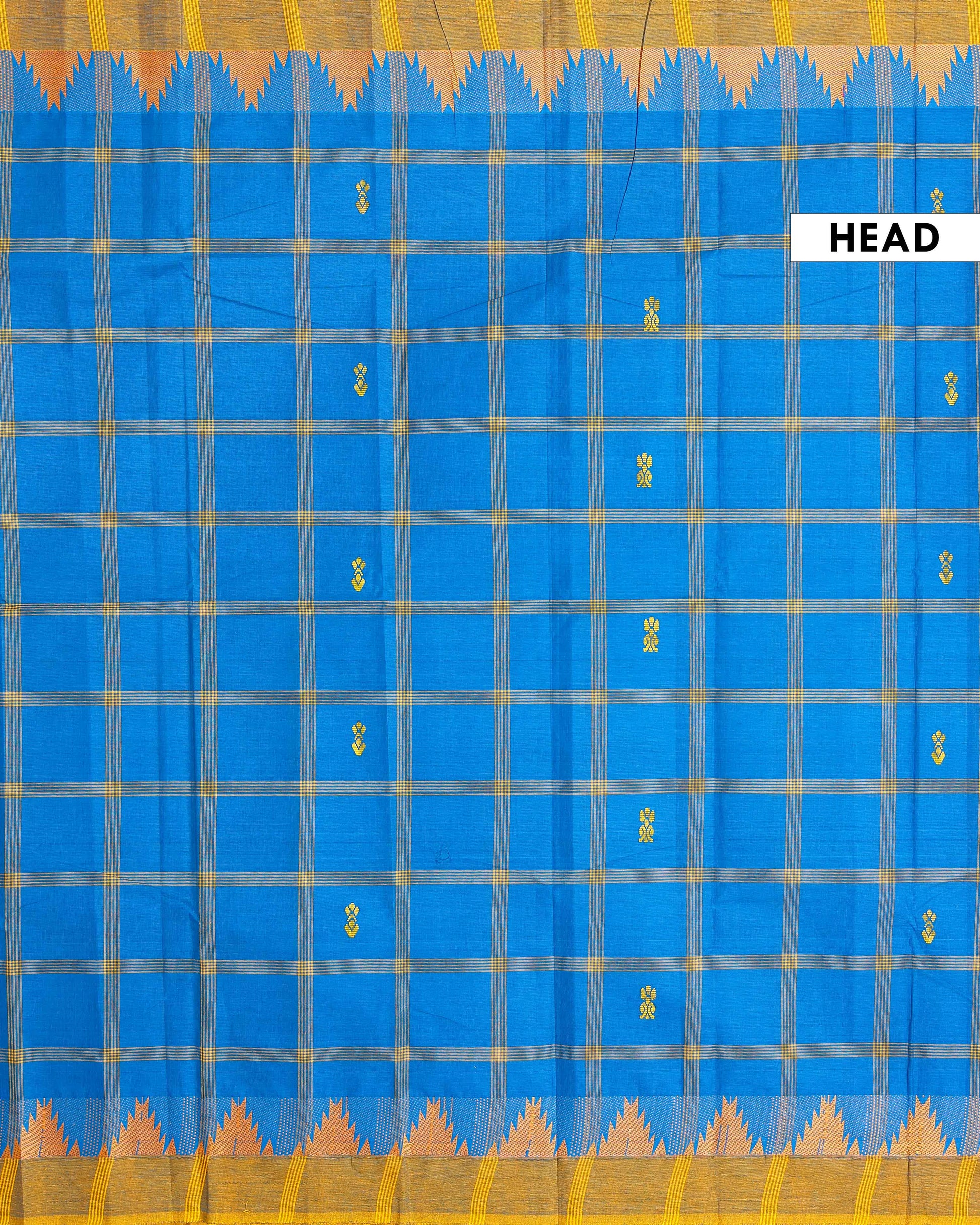 Handloom Chettinad Cotton Saree with Traditional Checks and Temple Border - Blue-Head