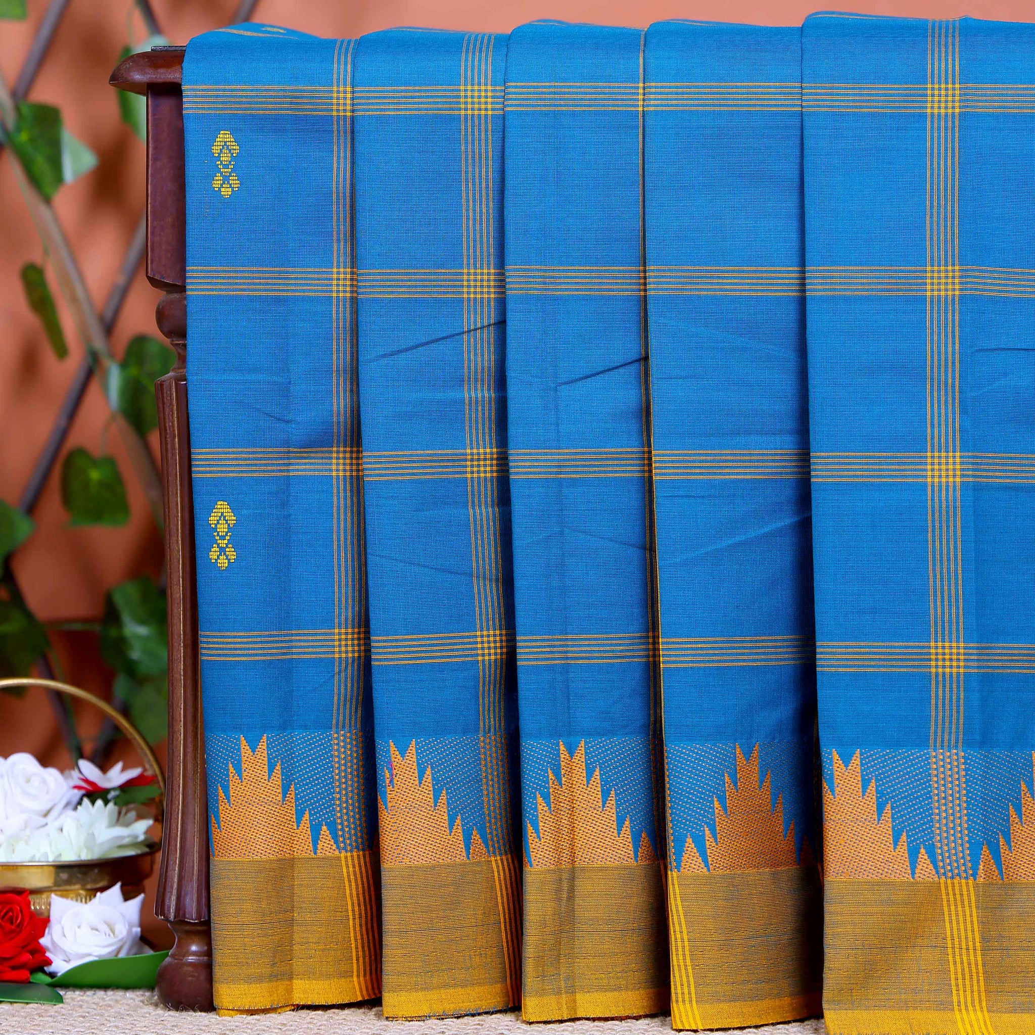 Handloom Chettinad Cotton Saree with Traditional Checks and Temple Border - Blue