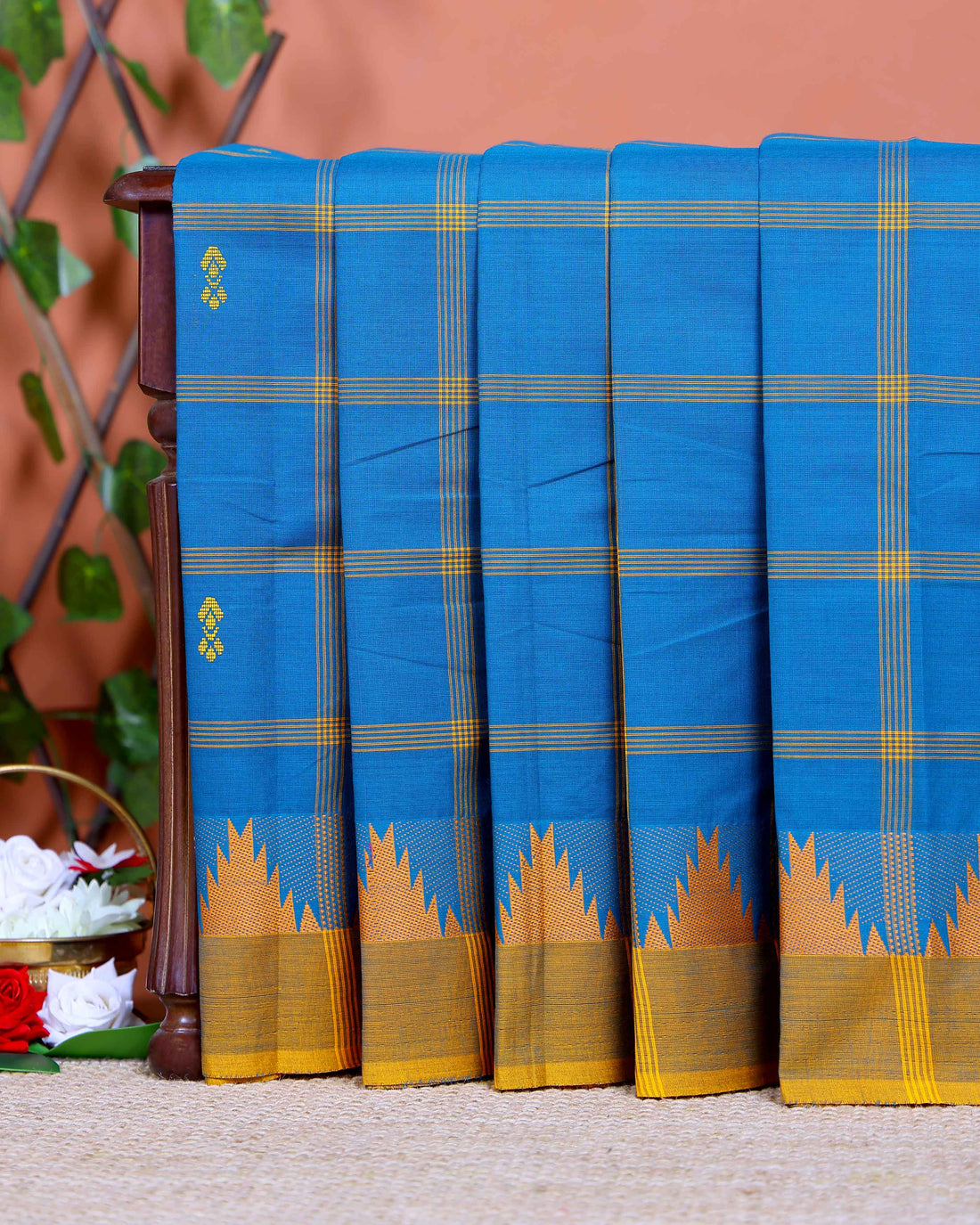 Handloom Chettinad Cotton Saree with Traditional Checks and Temple Border - Blue